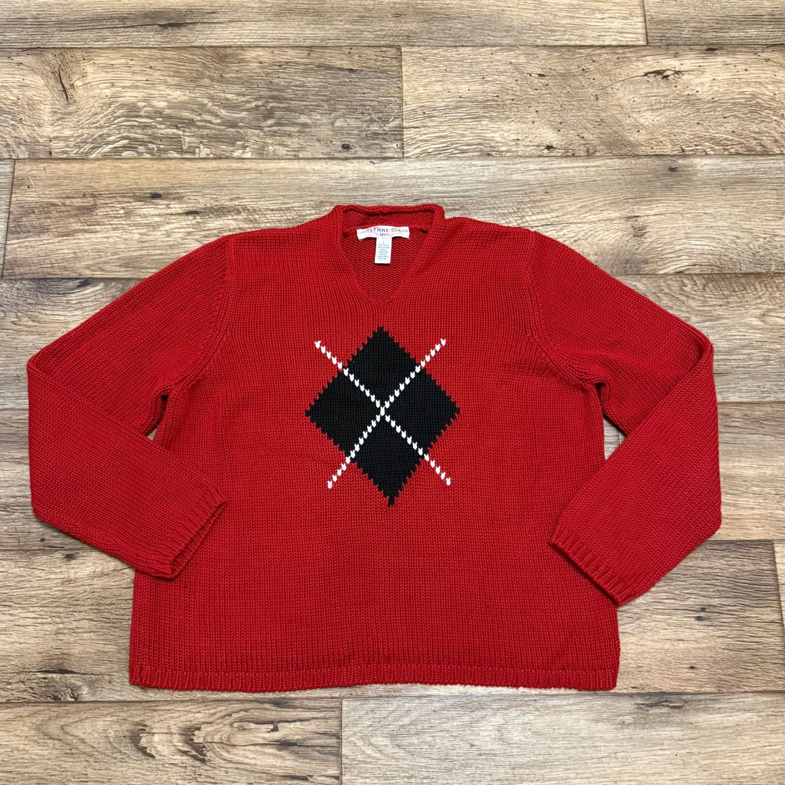 Vintage Vintage 90s Argyle Red Knit V-Neck Sweater Size L / US 10 / IT 46 - 1 Thumbnail