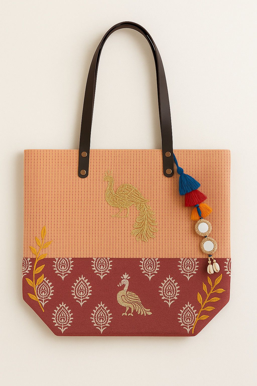 Ethnic Tote Bag With Peacock Embroidery & Tassels in Brown, Women's