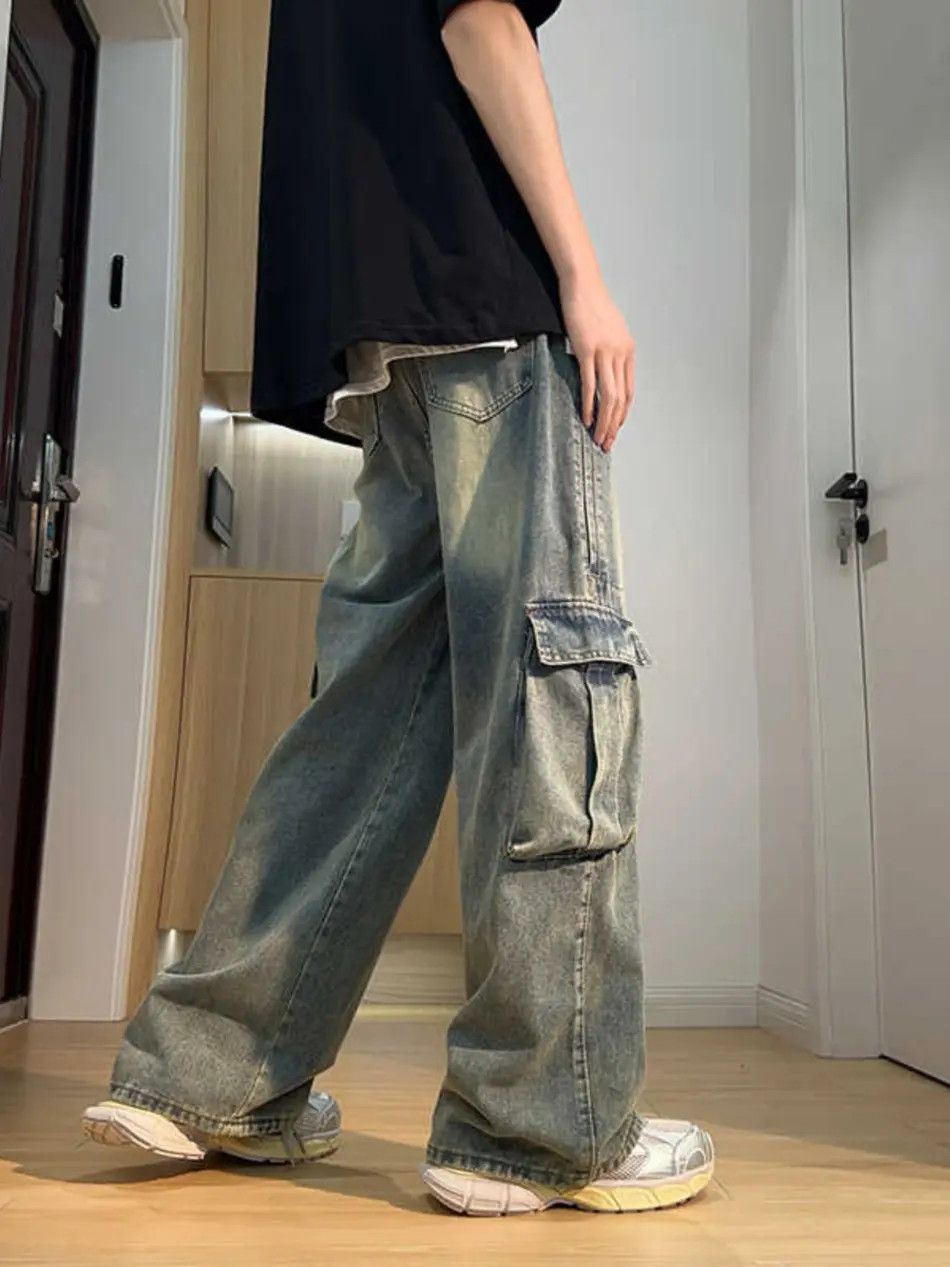 Japanese Brand Retro floor mopping large pocket loose straight leg jeans Size US 32 / EU 48 - 2 Thumbnail