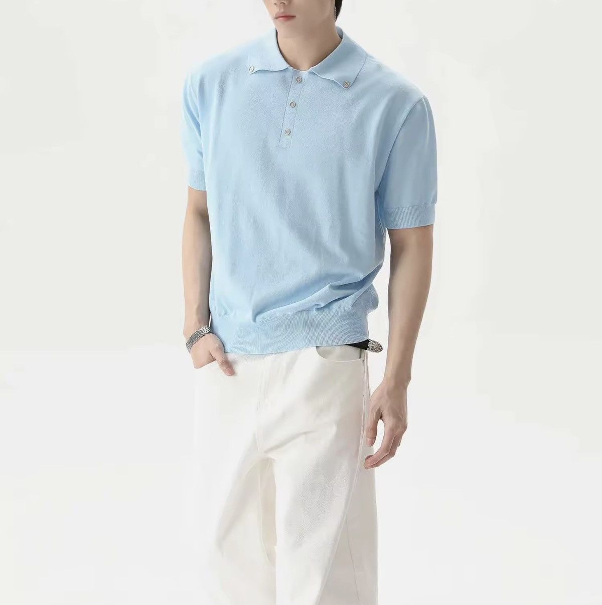 Japanese Brand Casual Basic Knitted Blue Polo T Shirt Size US XL / EU 56 / 4 - 1 Thumbnail