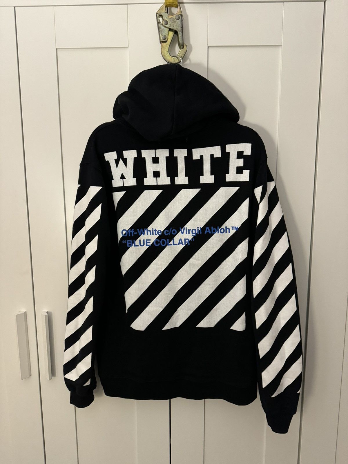 image of Archival Clothing x Off White Vintage Mens Black Hoodie Off White Blue Collar Hoodie 2016 (Size Med