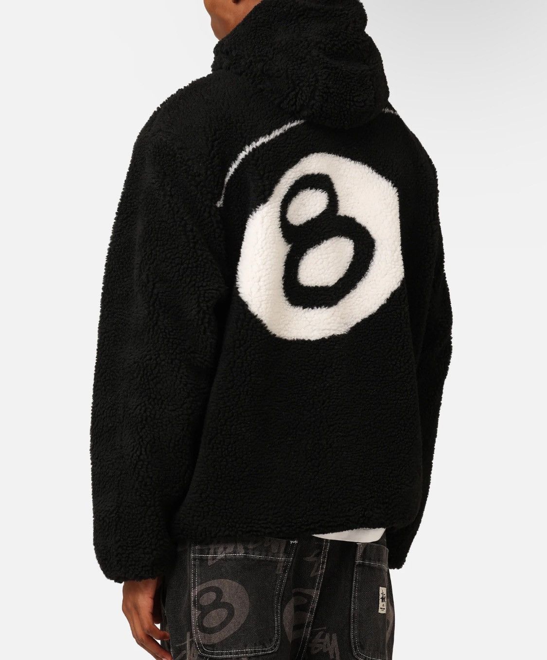 image of Stussy 8 Ball Zip Up Hooded Reversible Sherpa Fleece in Black, Men's (Size XL)