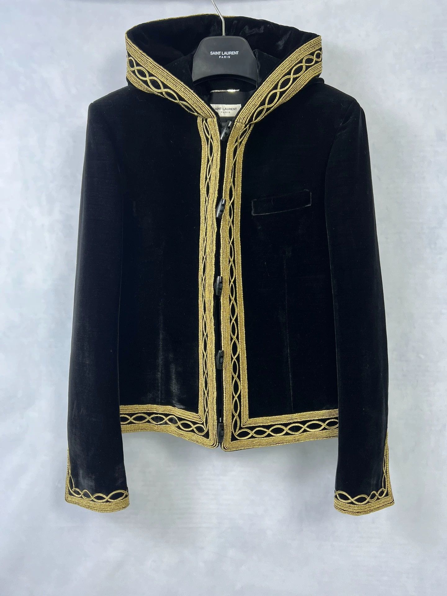 Saint Laurent Paris SLP 18fw black velvet gold embroidery hooded jacket Size US S / EU 44-46 / 1 - 1 Thumbnail