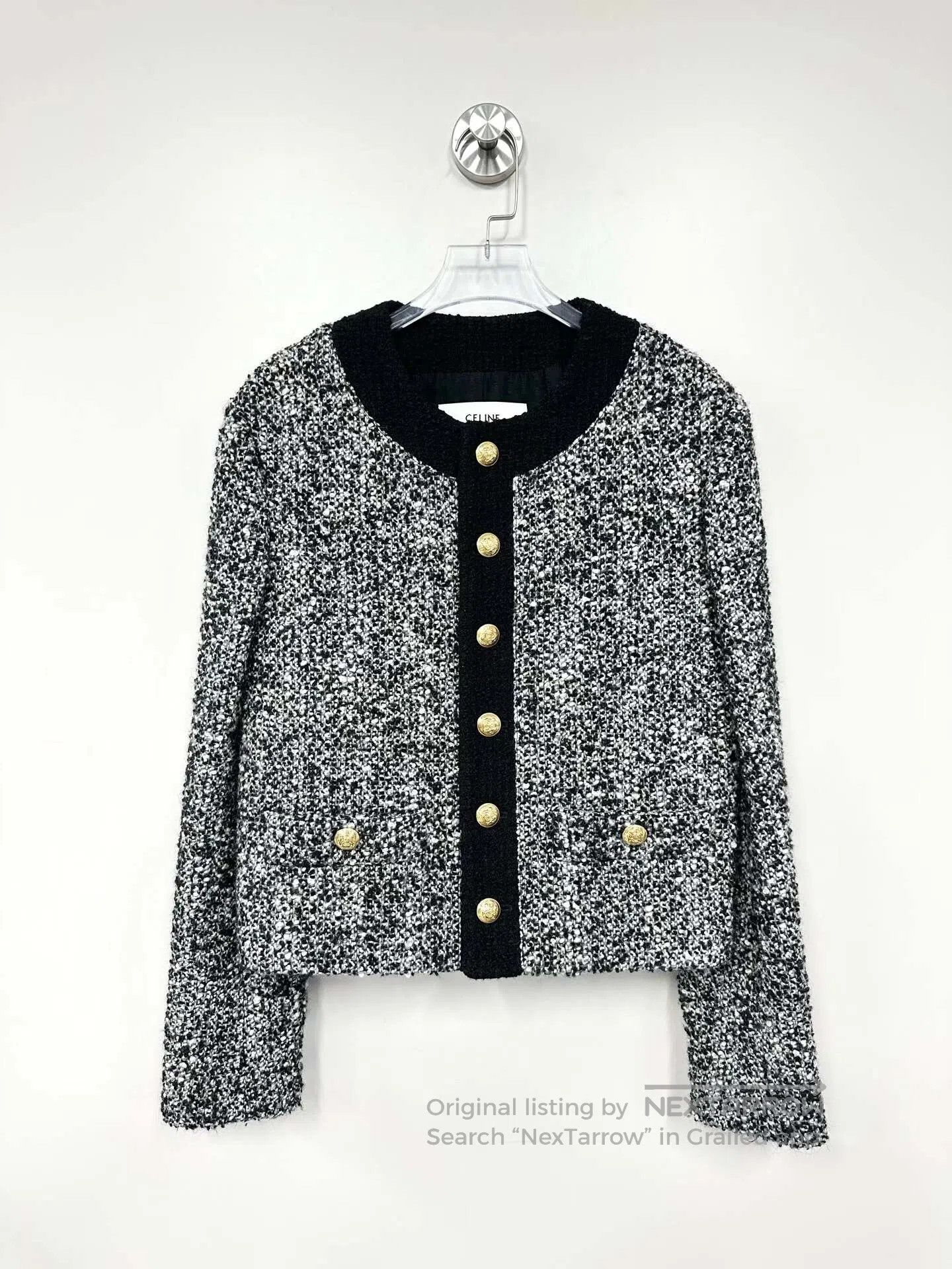 Celine CELINE Black and Gray Gold Buckle Wool Tweed Jacket| Size XS / US 0-2 / IT 36-38 - 1 Thumbnail