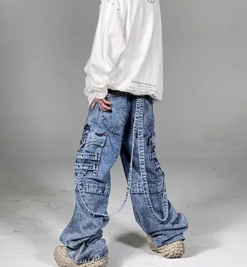 VIBE Heavy washed street style long strap wide leg jeans Size US 32 / EU 48 - 2 Thumbnail