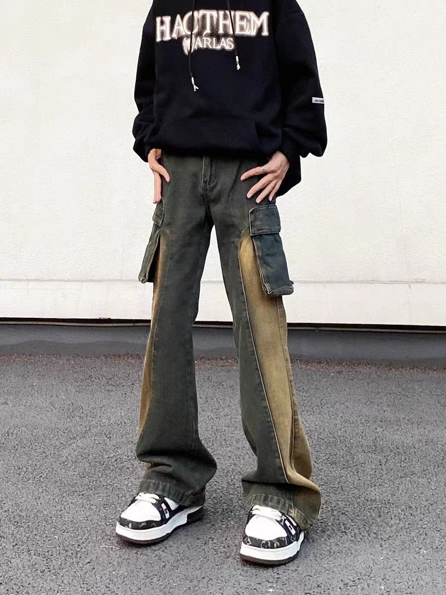 Vintage washed pocket cargo patchwork bootcut jeans