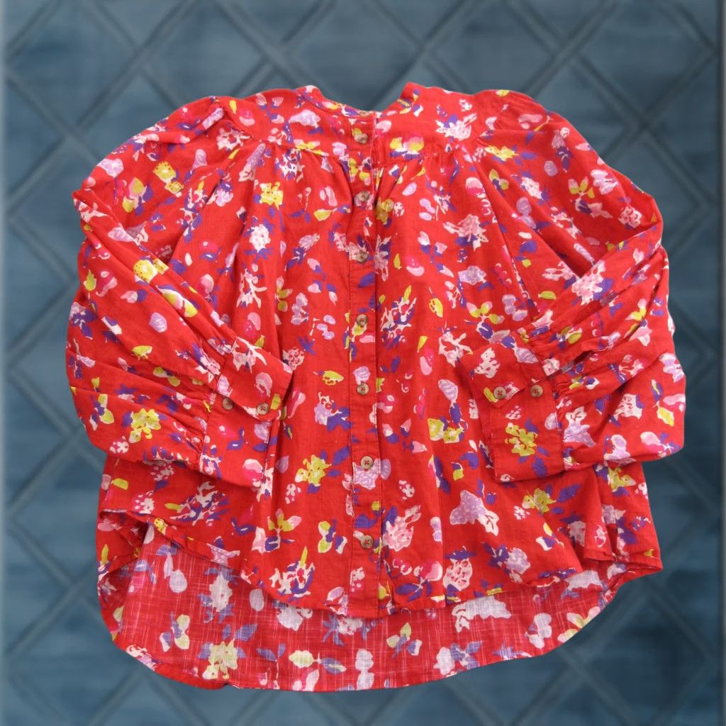Vintage Maeve Blouse Womens L Red Floral Round Neck Button Balloon Sleeve Tunic Top Size L / US 10 / IT 46 - 1 Thumbnail