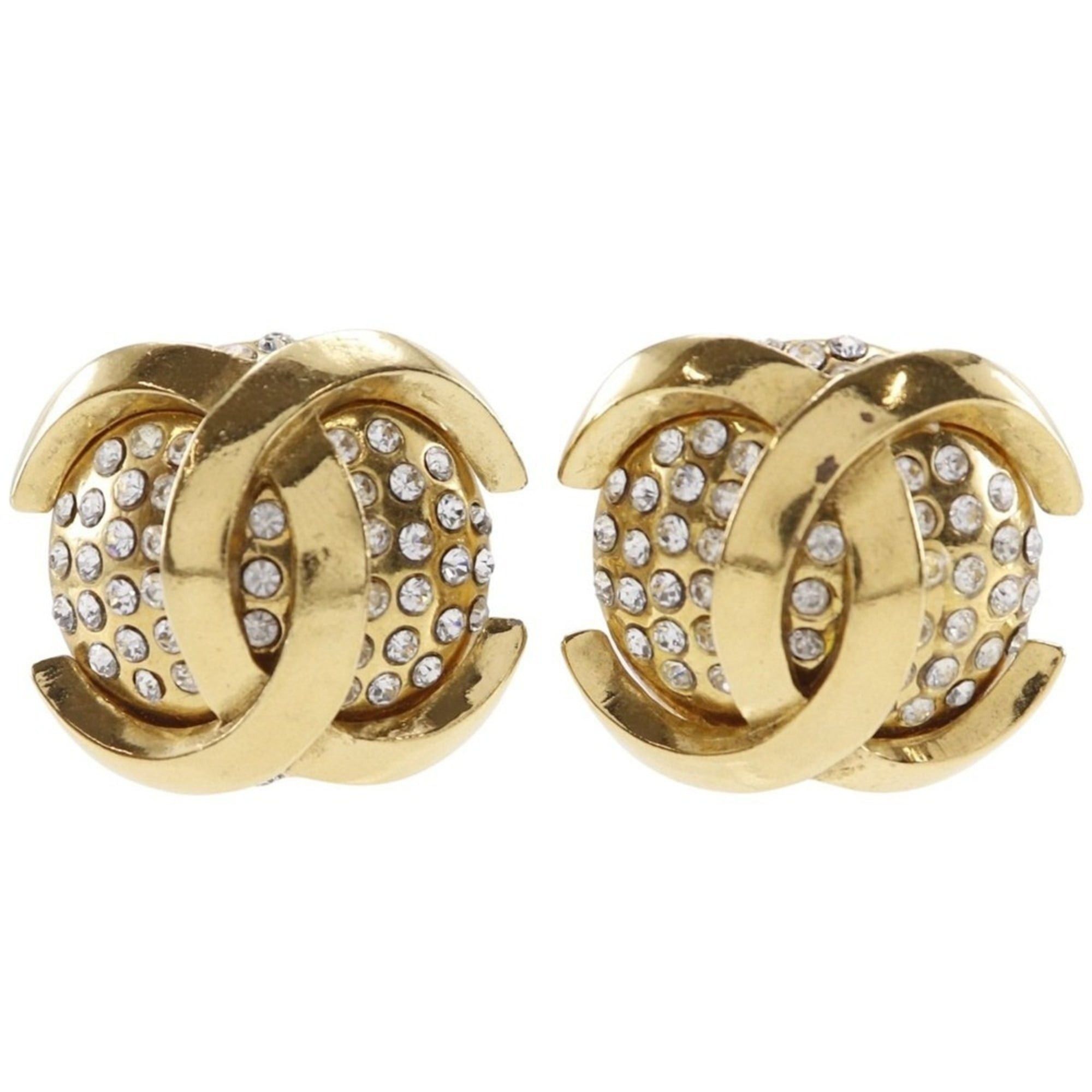 Vintage Chanel Coco Mark Earrings Gold Plated with Rhinestones 1988 Size 23 Approx. 34.1g Women's