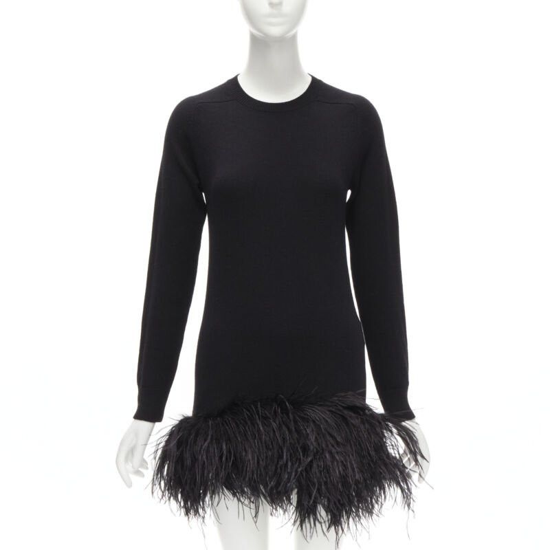 Saint Laurent Paris SAINT LAURENT 100% cashmere black ostrich feather trim mini sweater dress XS Size S / US 4 / IT 40 - 1 Thumbnail