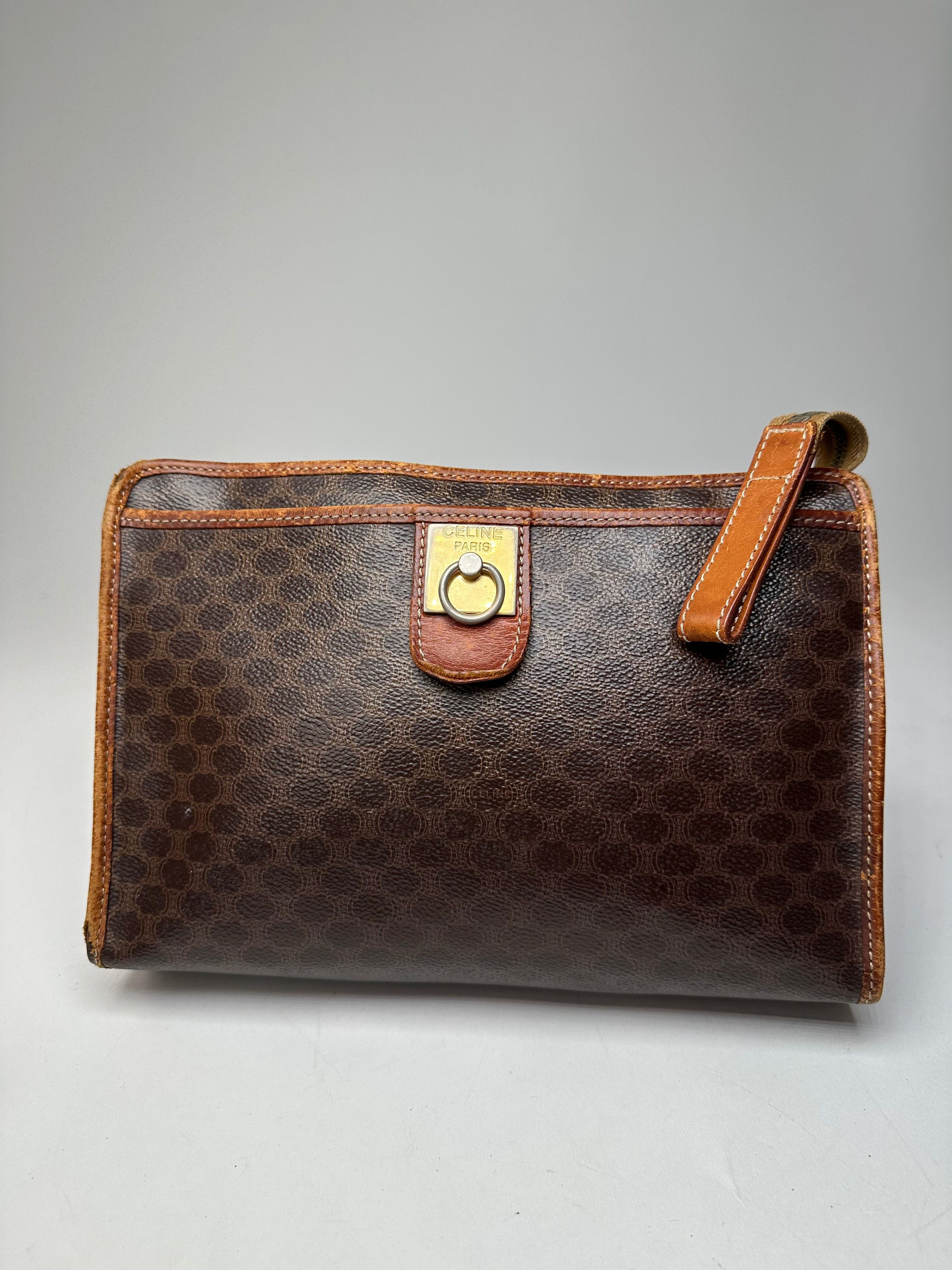 Celine Vintage Paris Triomphe Monogram Leather Clutch Brown Size ONE SIZE - 1 Thumbnail