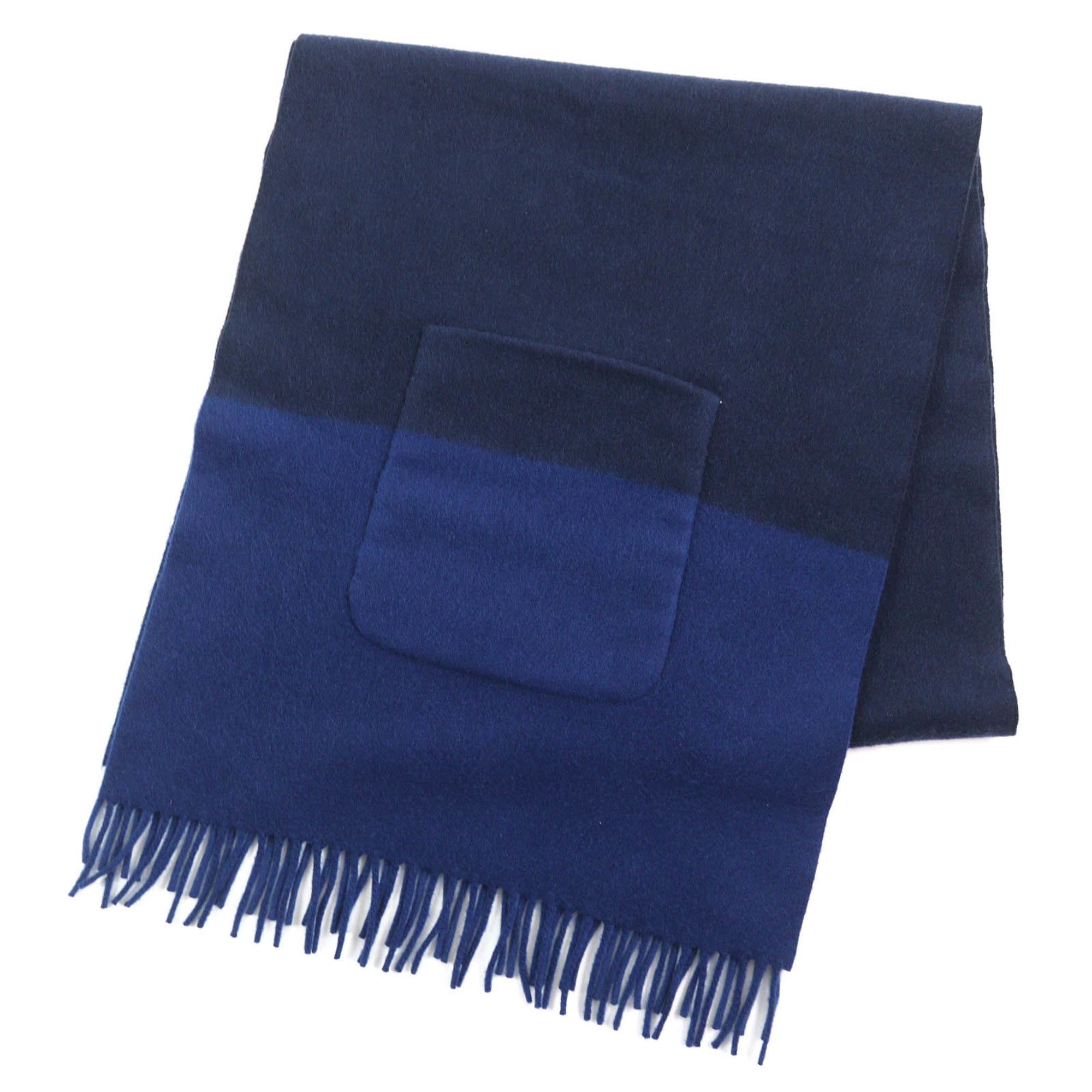 Hermes HERMES H259096S Allumette Pocket 100% Cashmere Marine Cobalt Leather Tag Fringe Large Shawl Scarf Two-Tone Made in Italy Women's Size ONE SIZE - 1 Thumbnail