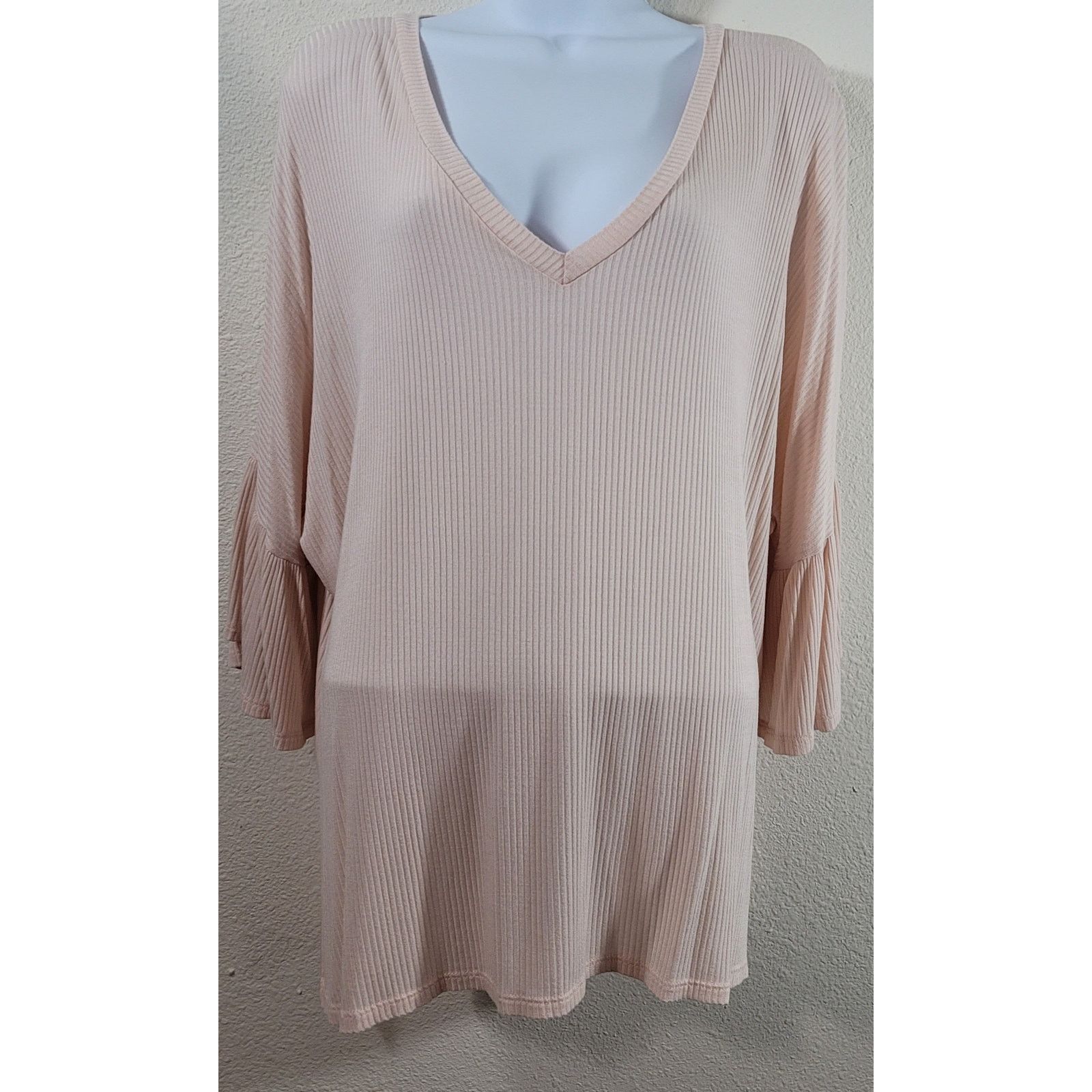Other Promesa Pink Ribbed Bell Sleeves V Neck Top Large Flowy Size L / US 10 / IT 46 - 1 Thumbnail