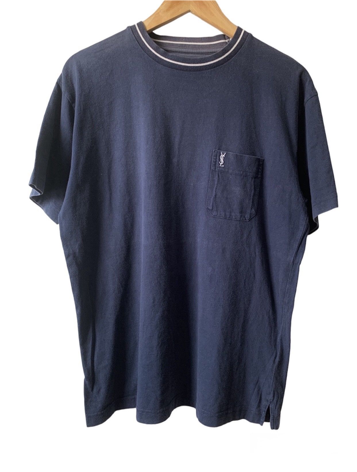 image of Archival Clothing x YSL Pour Homme YVES Saint Laurent Pour Homme Embroidered Logo Pocket Tee in Nav