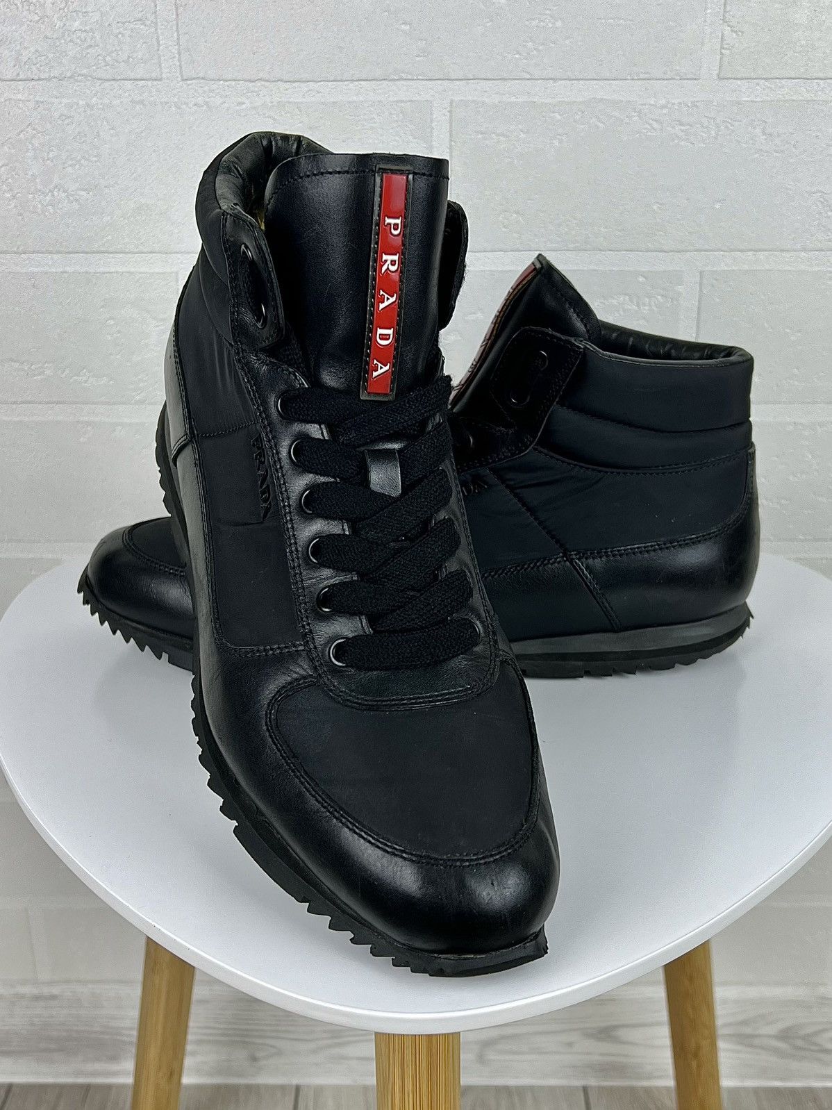 Prada PRADA Boots Leather Shoes Rubber Sole Logo Red Tab Black Grailed