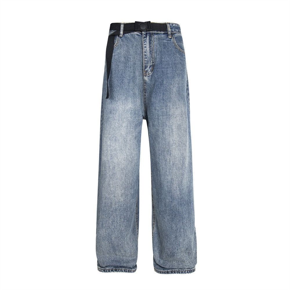 Japanese Brand × Jean Men's punk street loose wide-leg straight belt washed jeans Size US 32 / EU 48 - 1 Thumbnail