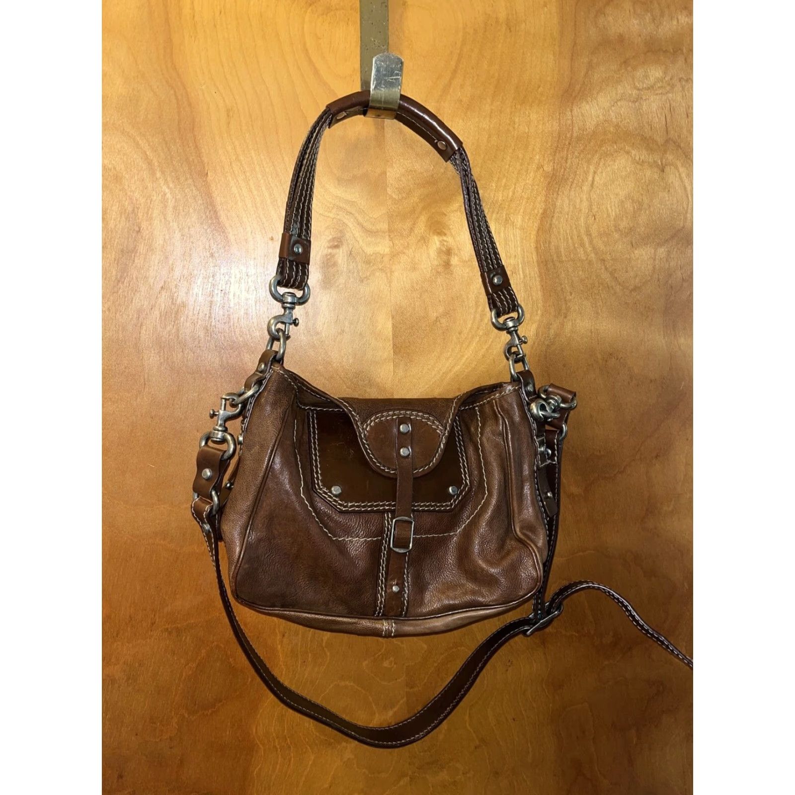 Vintage GRYSON Brown Leather Satchel Purse Suede Interior Size ONE SIZE - 4 Thumbnail