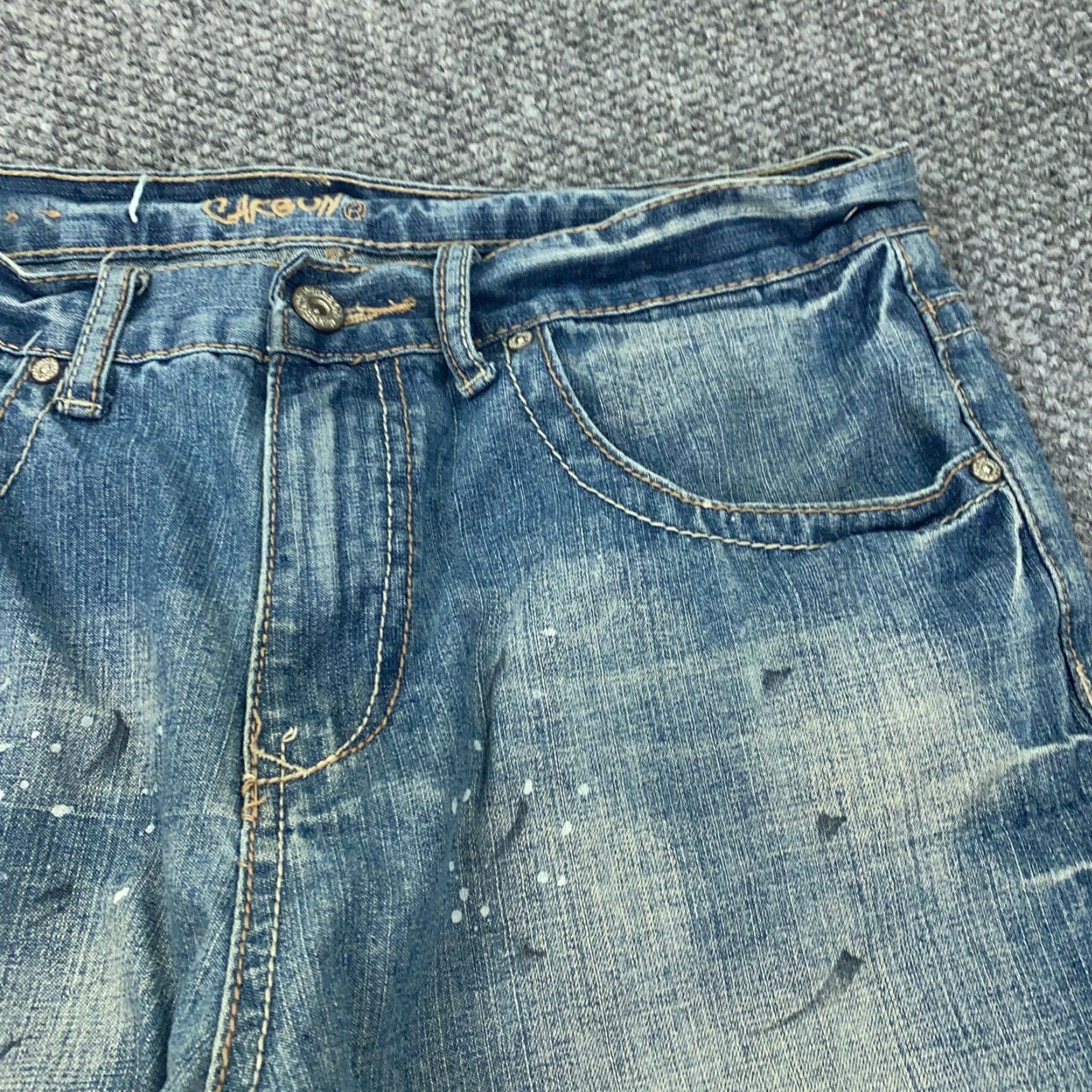 Carbon Carbon Boot Cut Jeans Mens 34x32 Blue Denim Faded Distressed Paint Splatter Size US 35 - 3 Thumbnail