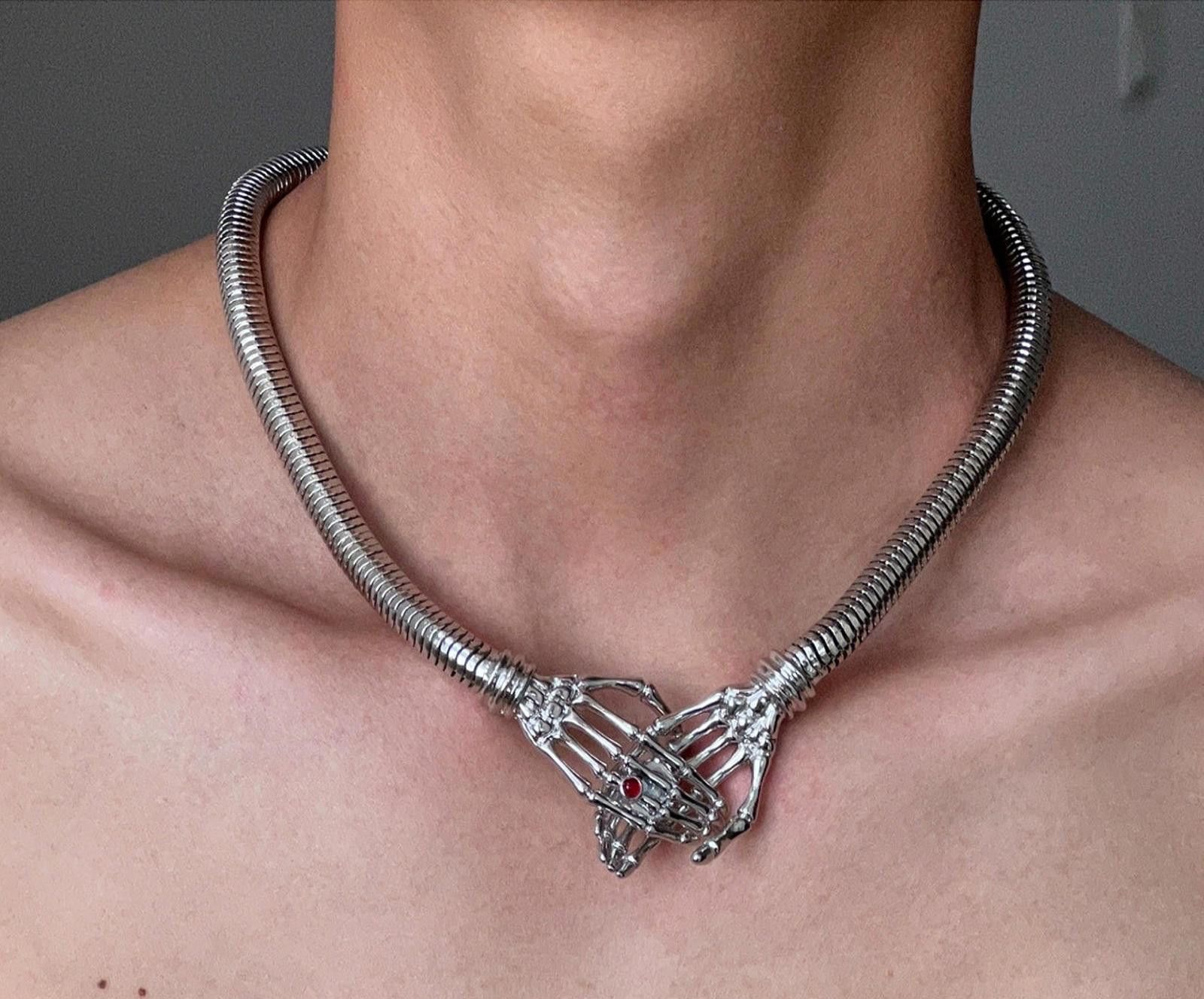 Jewelry Silver Skeleton Hands Choker Necklace, Mens Jewelry Size ONE SIZE - 5 Thumbnail
