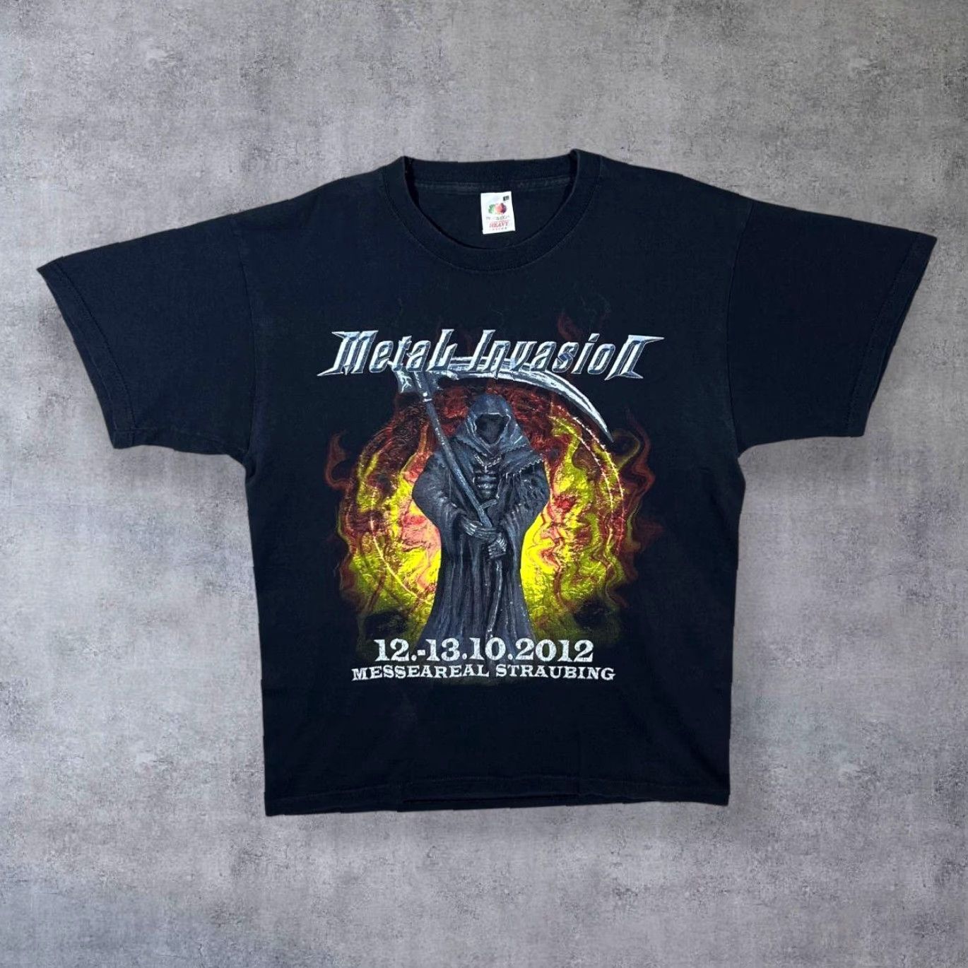Fruit Of The Loom Metal Invasion 2012 Heavy Metal Band Festival Lineup Black T-Shirt Large Medium Shirt Mens M Cotton Graphic Print Front Back | Fruit of the Loom Size US M / EU 48-50 / 2 - 2 Thumbnail