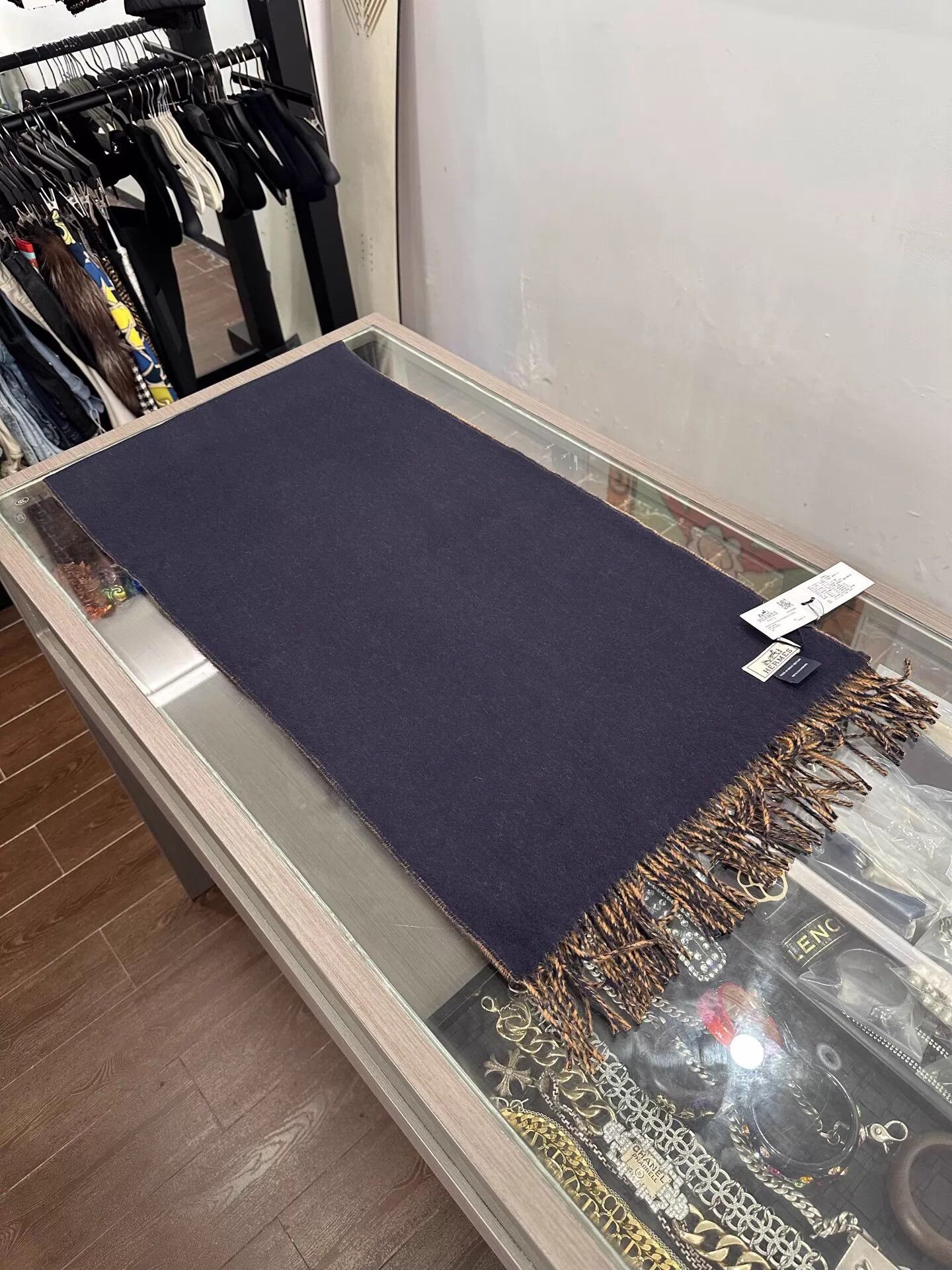 Hermes Hermes Navy & Brown Cashmere Tassel Scarf 40x160cm New Size ONE SIZE - 1 Thumbnail