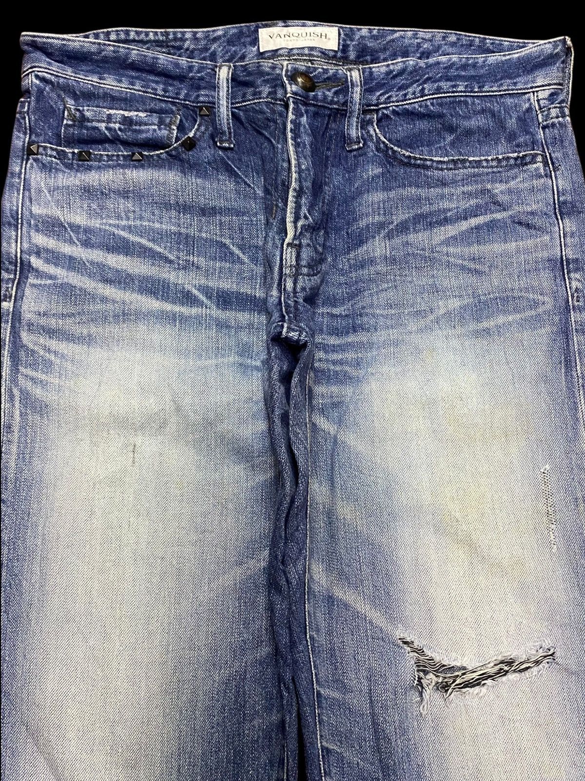 Fragment Design × Vanquish Vintage Vanquish Japan Blue Wash Avantgarde Distressed Jeans Size US 33 - 3 Thumbnail