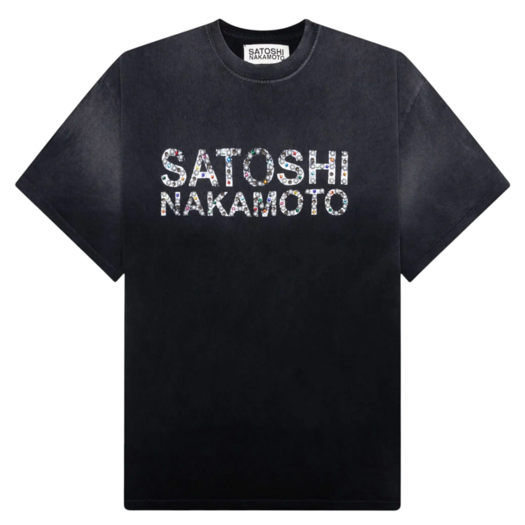 Pearl Studded Logo Short Sleeve Tee Shirt Washed Black Mult