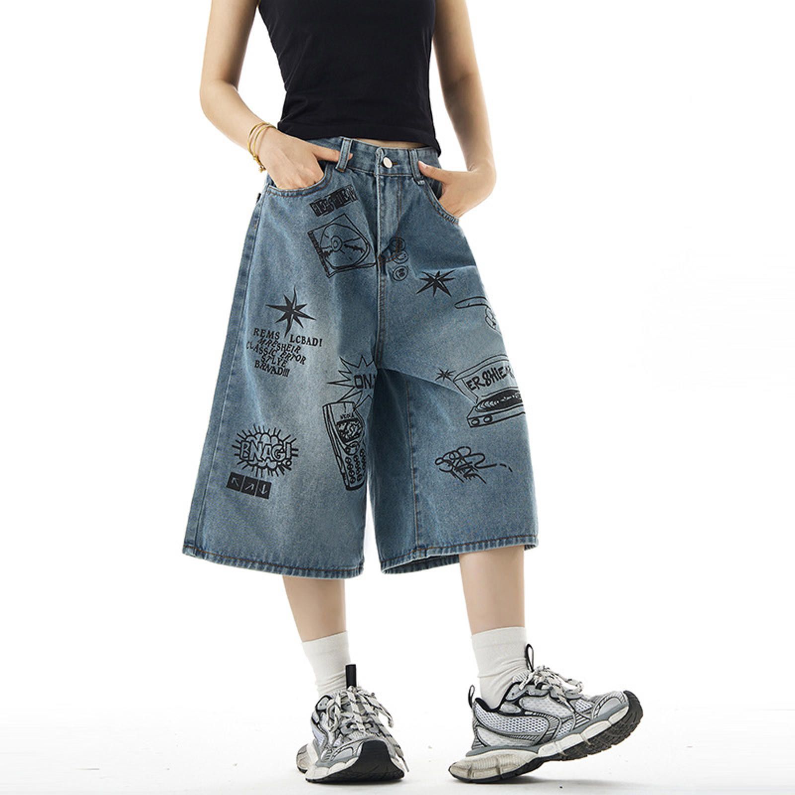 Jean Graffiti Graphic Wide Leg Jorts Size US 32 / EU 48 - 3 Thumbnail