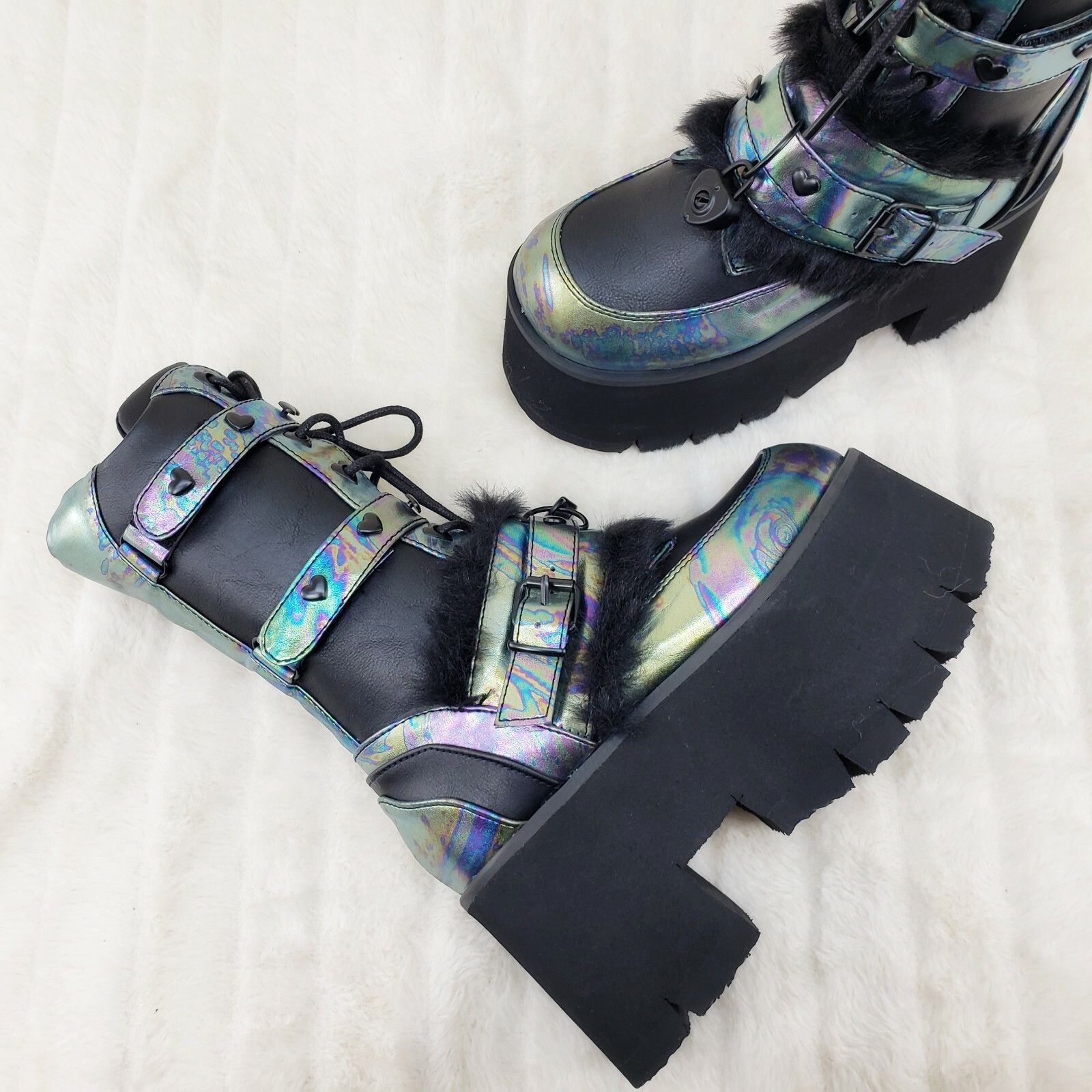 Demonia Cult DEMONIA Ashes 120 Black Faux Fur 3.5" Platform Heel Goth Pu Size US 11 / IT 41 - 6 Thumbnail