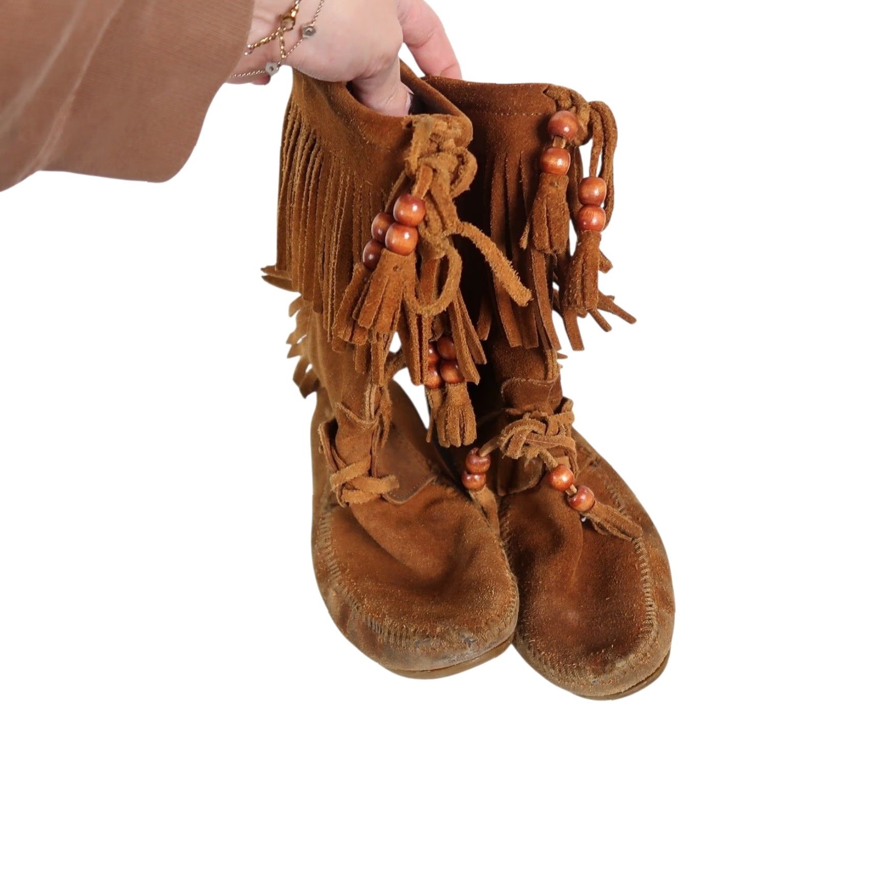 Minnetonka VINTAGE Minnetonka Suede Leather Fringe Boots Mid Calf Cognac Brown 8 Women Western Bohemian Moccasin Size US 8 / IT 38 - 2 Thumbnail
