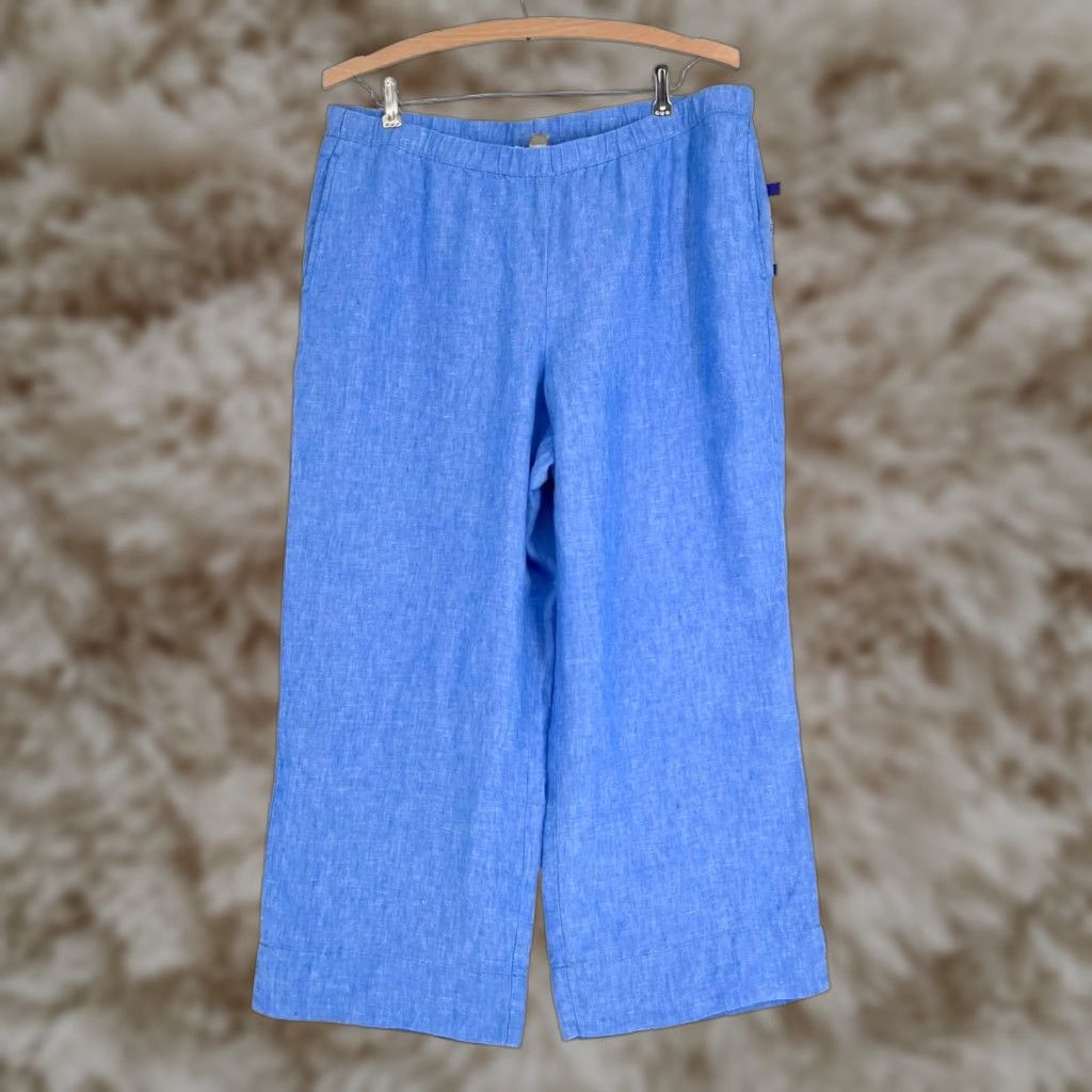 VINTAGE J. Jill Linen Pants Wide Leg Cropped Elastic Waist Women's MP Beach Chambray Blue