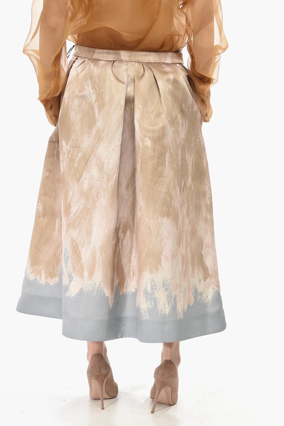 Dries Van Noten og1mm0426 Printed-Satin Flared Midi Skirt in Beige Size 30" / US 8 / IT 44 - 2 Thumbnail