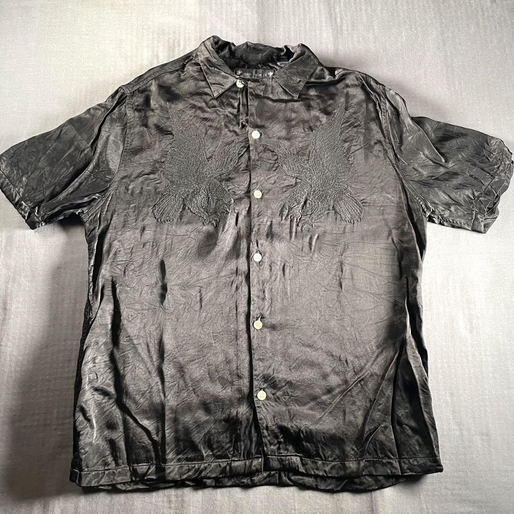 Allsaints VINTAGE AllSaints Shirt Mens Medium Black Aquila SS Relaxed Fit Eagle Embroidered Size US M / EU 48-50 / 2 - 6 Thumbnail