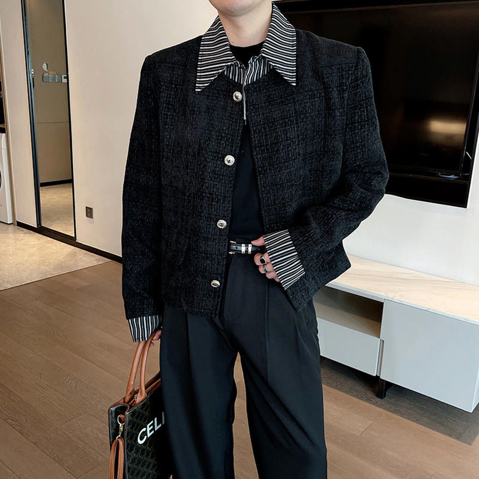 Japanese Brand Black Textured Cropped Jacket, Men's Button-Up Outerwear Size US M / EU 48-50 / 2 - 2 Thumbnail