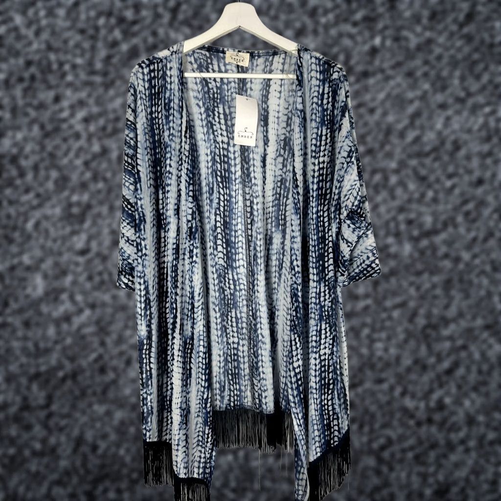 Vintage Ember Womens Tie-Dye Open Front Cardigan Kimono Fringe Hem XL Blue White New Size XL / US 12-14 / IT 48-50 - 1 Thumbnail