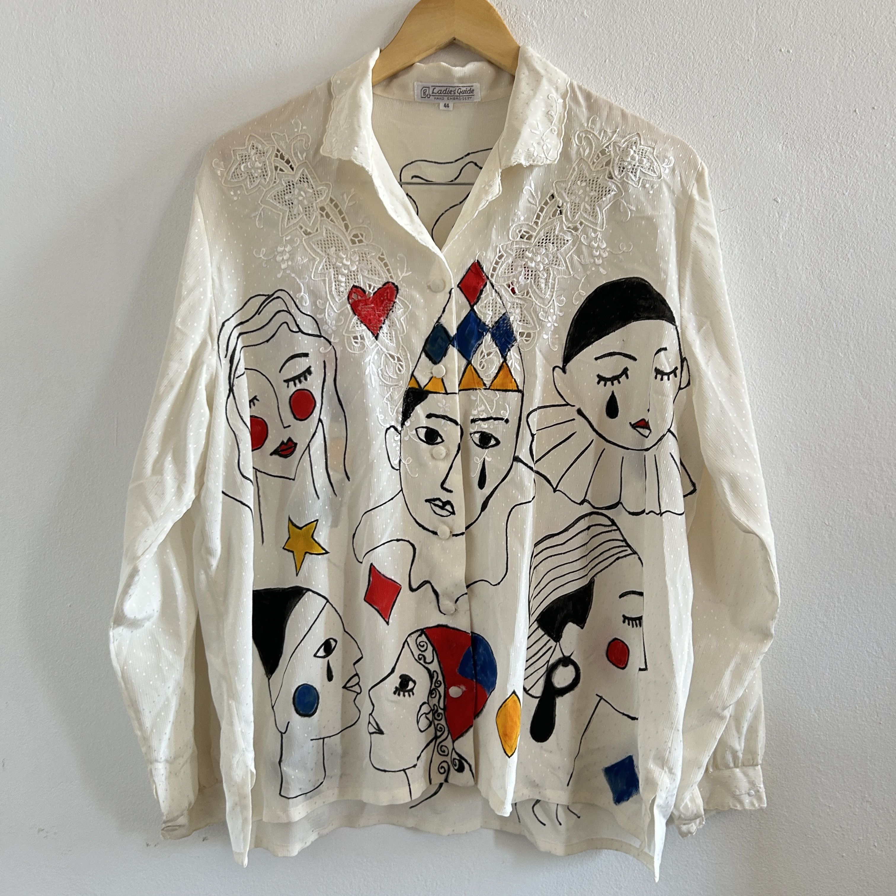 Custommade Hand Painted Vintage Harlequin Circus Blouse Size L / US 10 / IT 46 - 8 Thumbnail