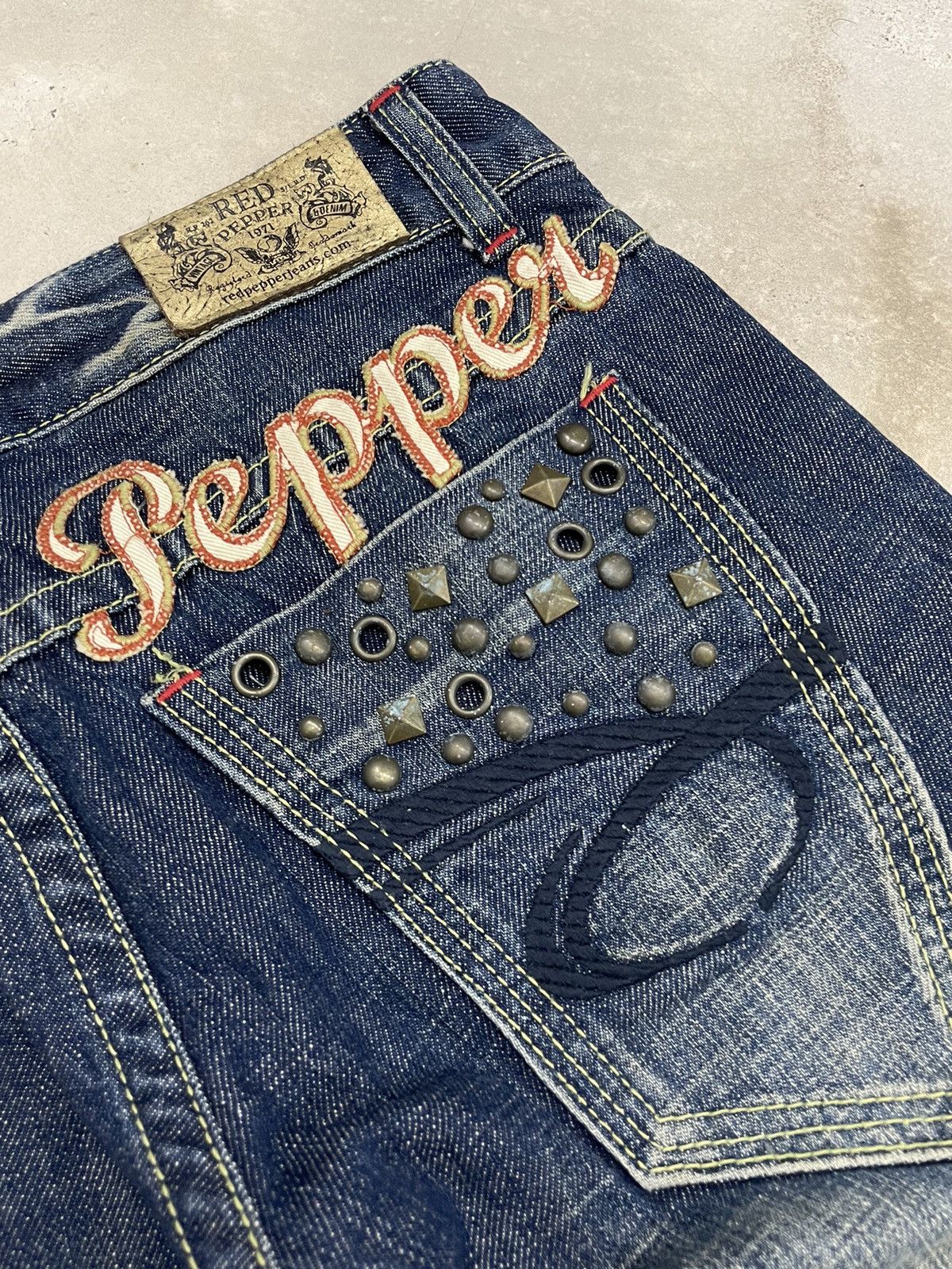 Red Pepper Heavy Stich Whisker Studded Flare Denim