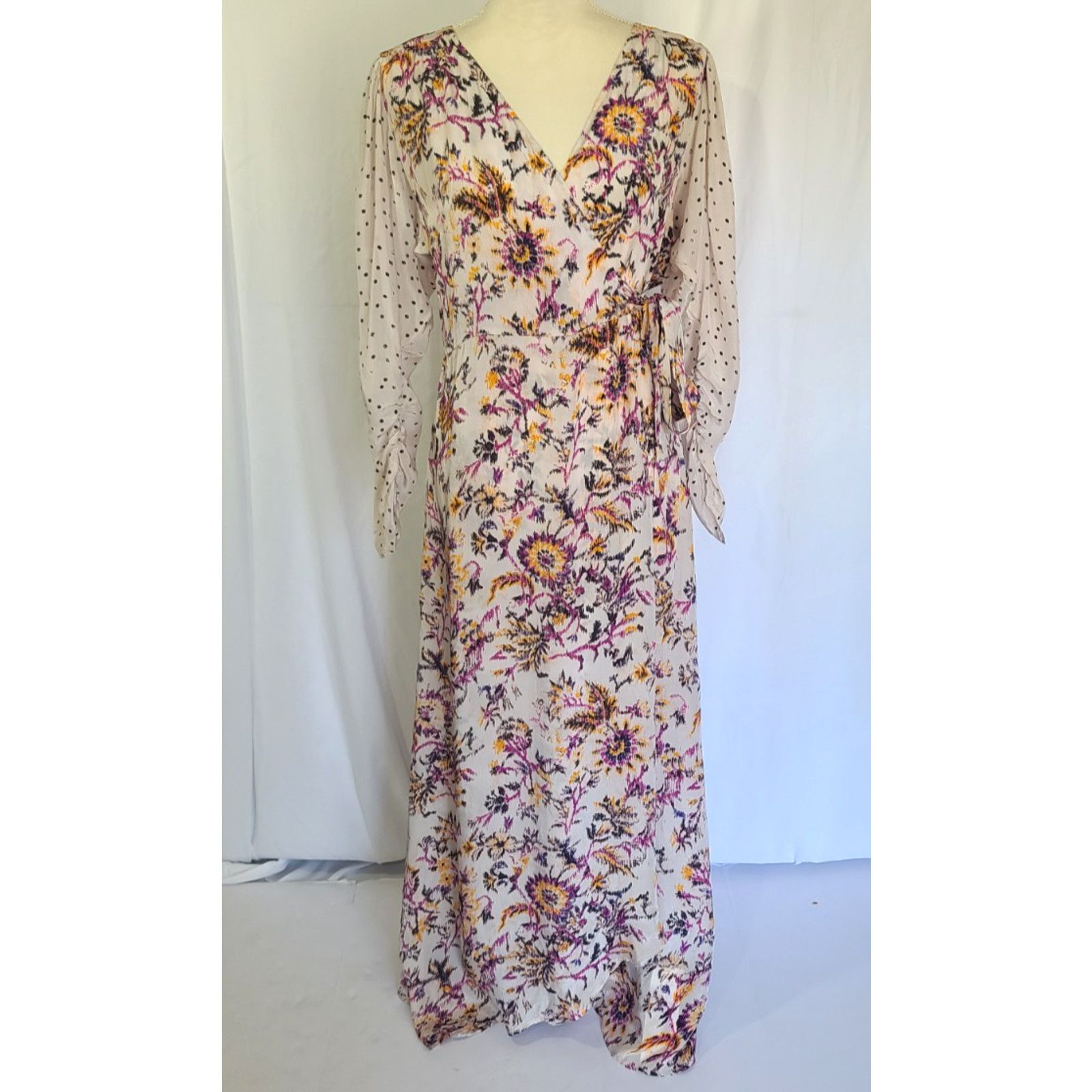 New W/Tag Mariacher Designer Cream Floral Wrap Maxi Dress L