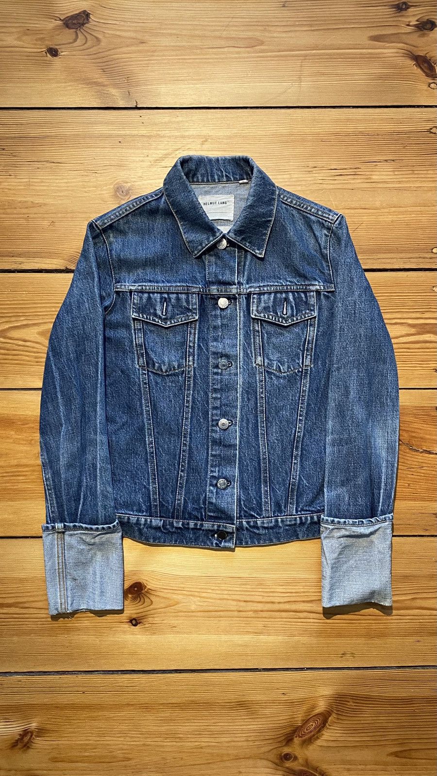 image of Helmut Lang Rolled Sleeve Denim Jacket in Blue Denim, Women's (Size Small)