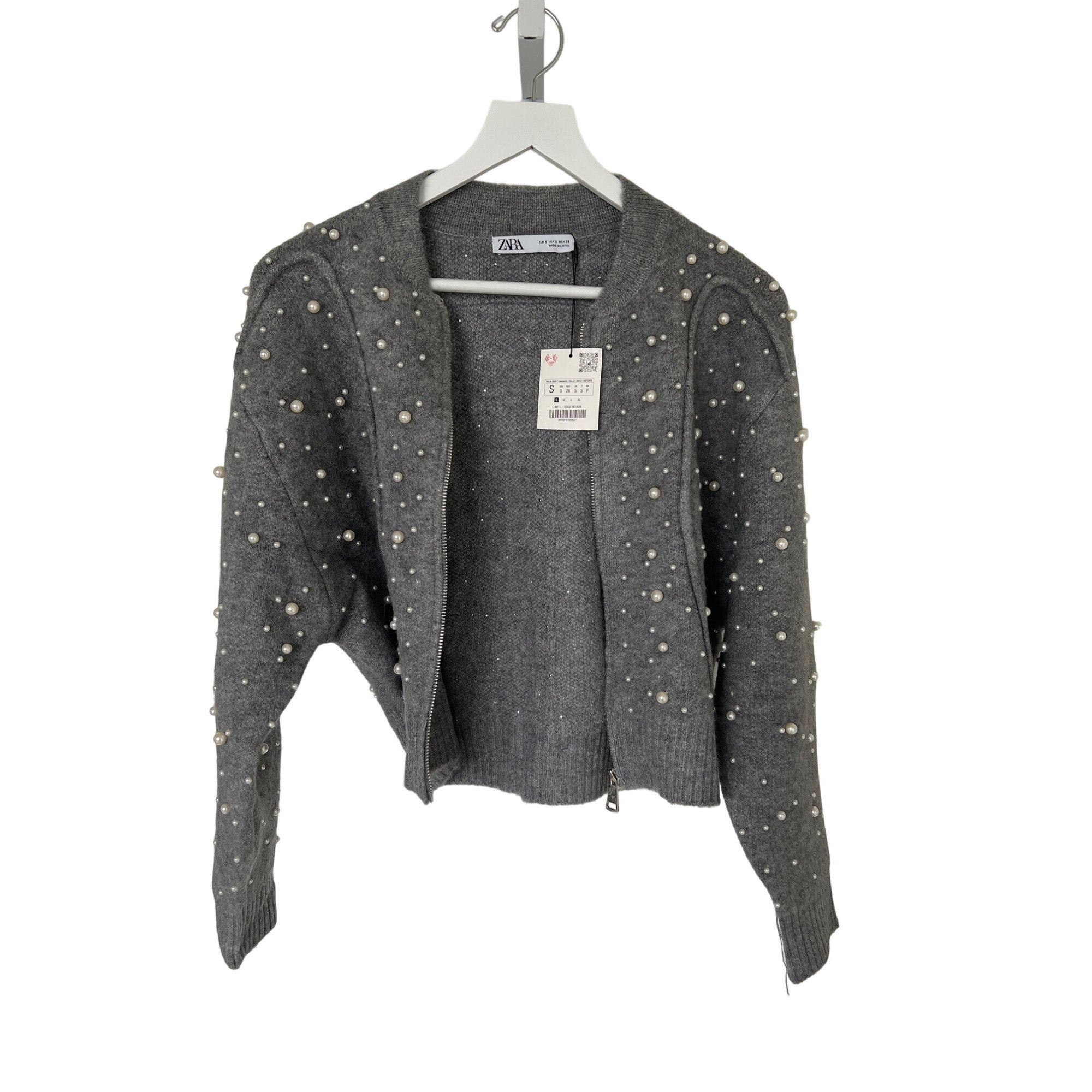 Zara Zara Grey Pearl-Embellished Bomber Zip Cardigan Size S / US 4 / IT 40 - 8 Thumbnail