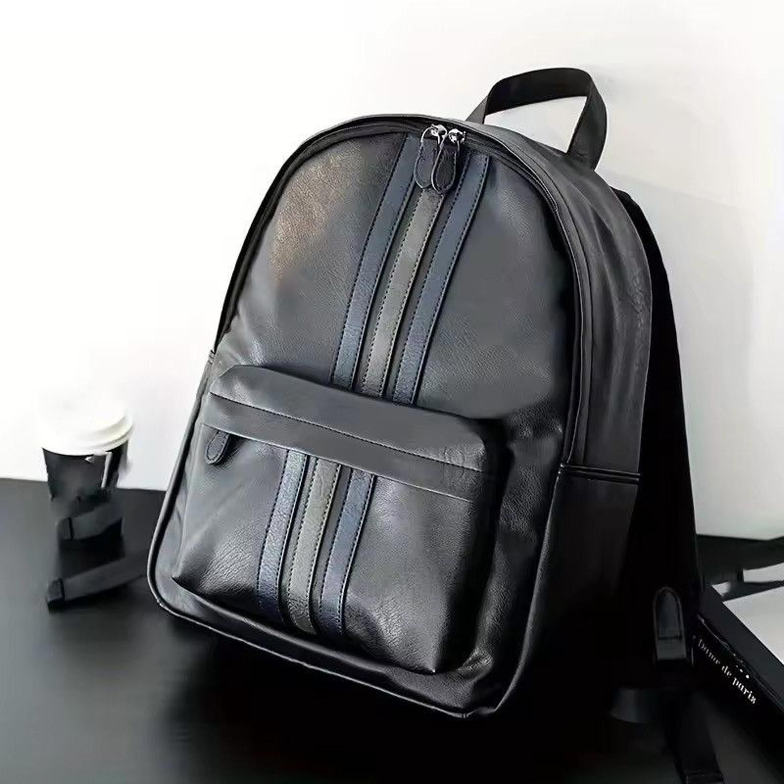 Leather Black Leather Backpack with Stripe Design Size ONE SIZE - 1 Thumbnail