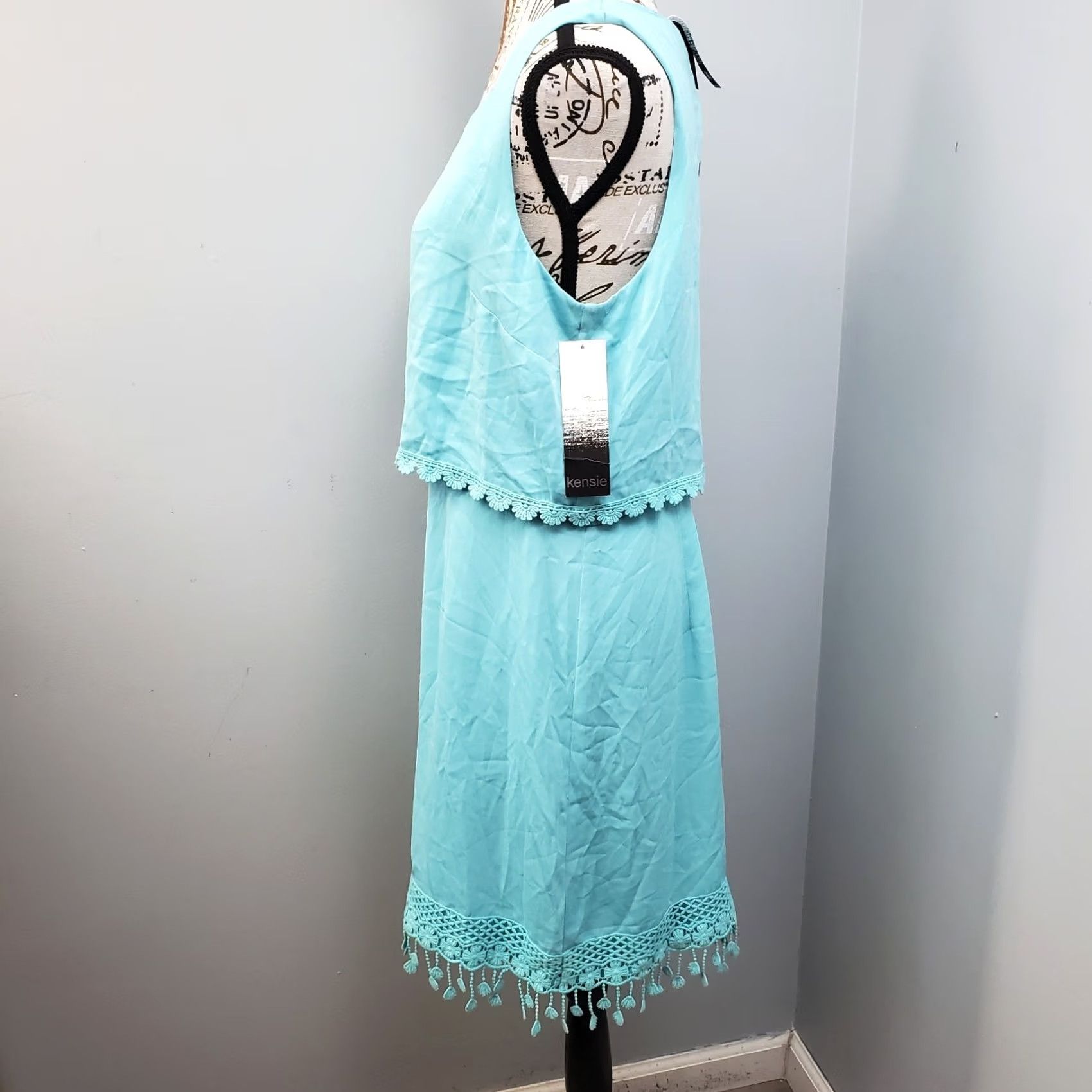 Vintage Kensie Womens Blue Sleeveless Round Neck Fringed Lace Trim Sheath Dress L (Long) - XS? Size L / US 10 / IT 46 - 6 Thumbnail
