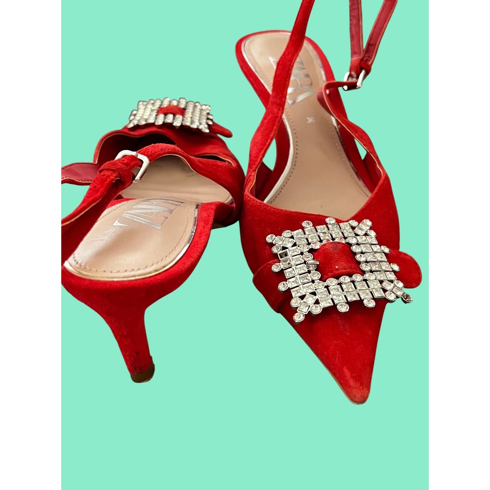 Zara Red Suede Pointed Toe Slingback Heels With Crystal Buckle Za Size US 6.5 / IT 36.5 - 4 Thumbnail