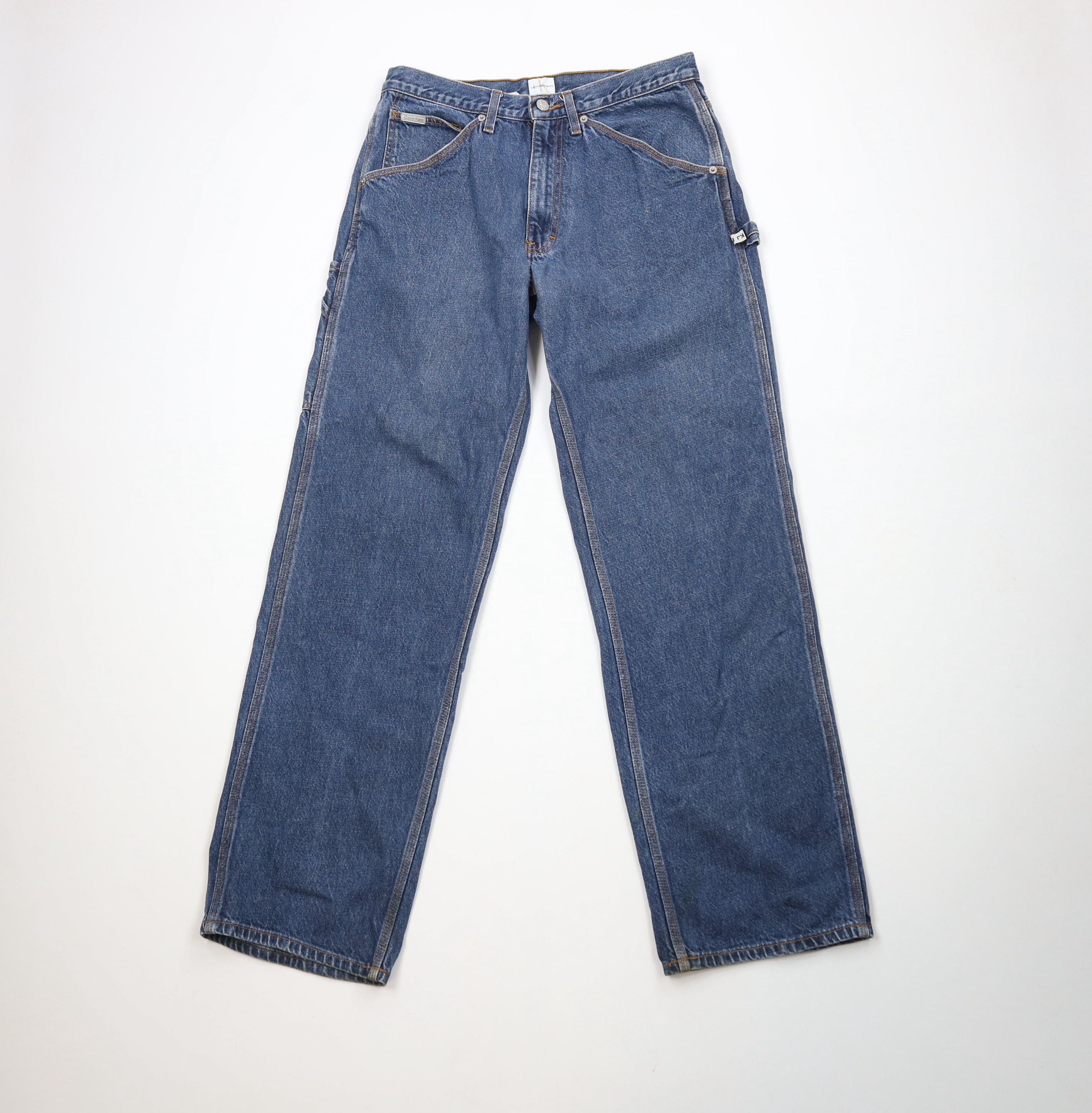 Calvin Klein × Vintage Vintage 90s Calvin Klein Spell Out Wide Leg Dungaree Jeans Size US 31 - 1 Thumbnail