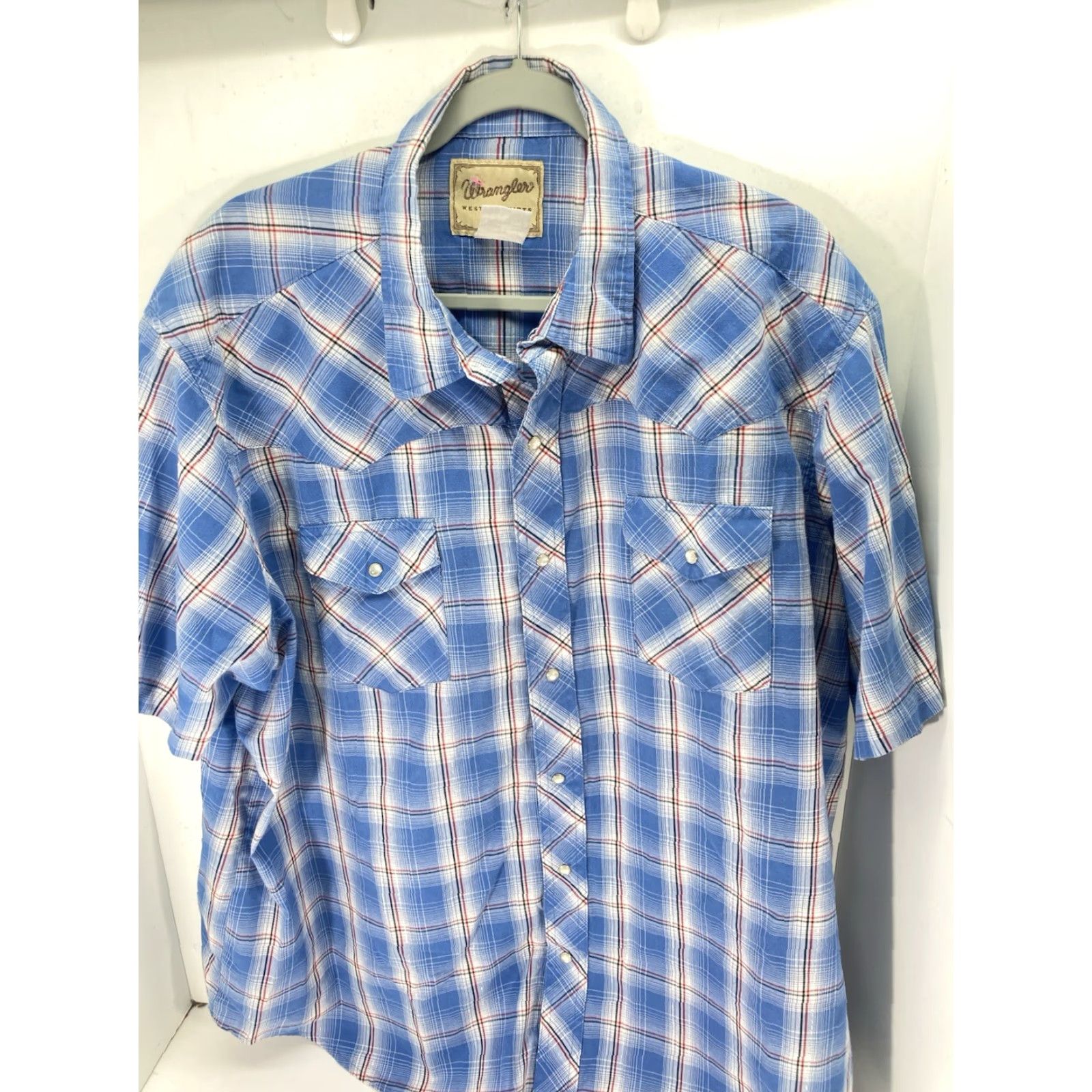 Wrangler VINTAGE Wrangler Pearl Snap Western Shirt Men 2XL Blue Short Sleeve Plaid Metallic Thread Pearl Snap Shirt Mens Western 2XL Blue Sleeve Short Size US XXL / EU 58 / 5 - 2 Thumbnail