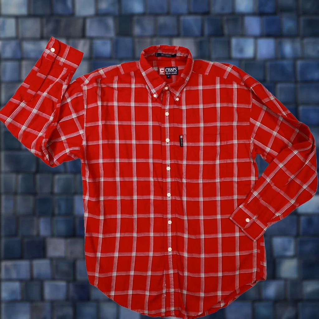 Vintage Chaps Ralph Lauren Shirt Men's Medium Red Plaid Button Up Long Sleeve Classic 90s Retro, Men's