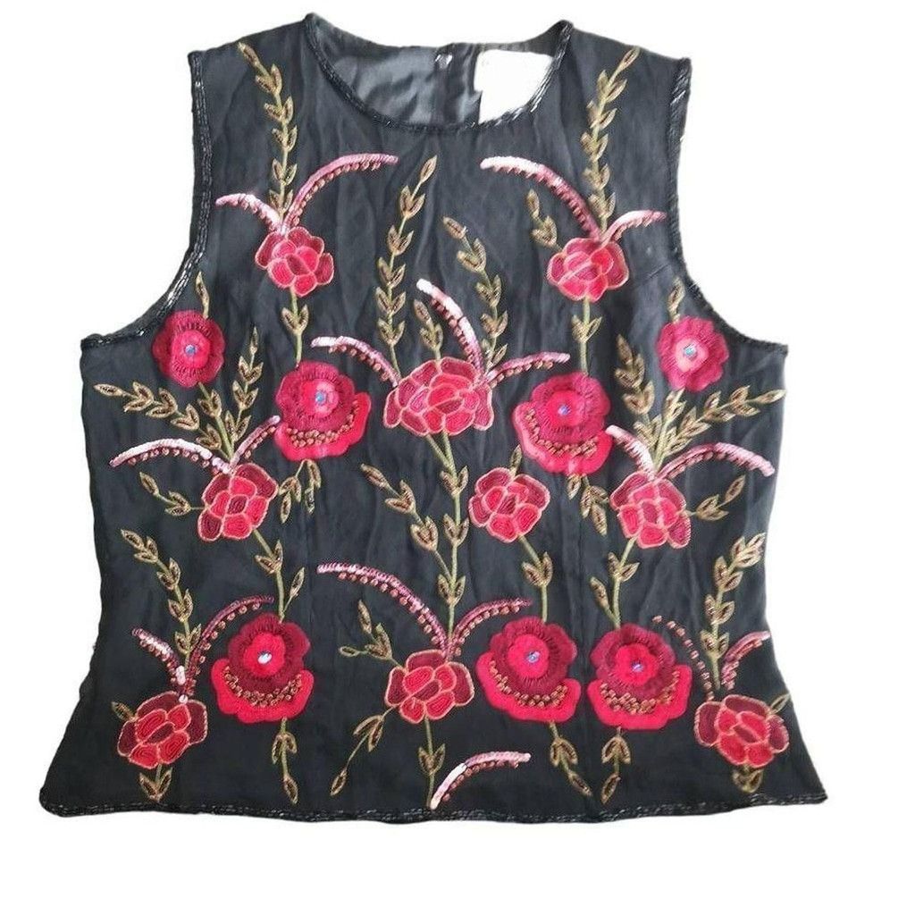 Vintage Vintage Black Silk Top with Red Hand Embroidered Design Size L / US 10 / IT 46 - 4 Thumbnail