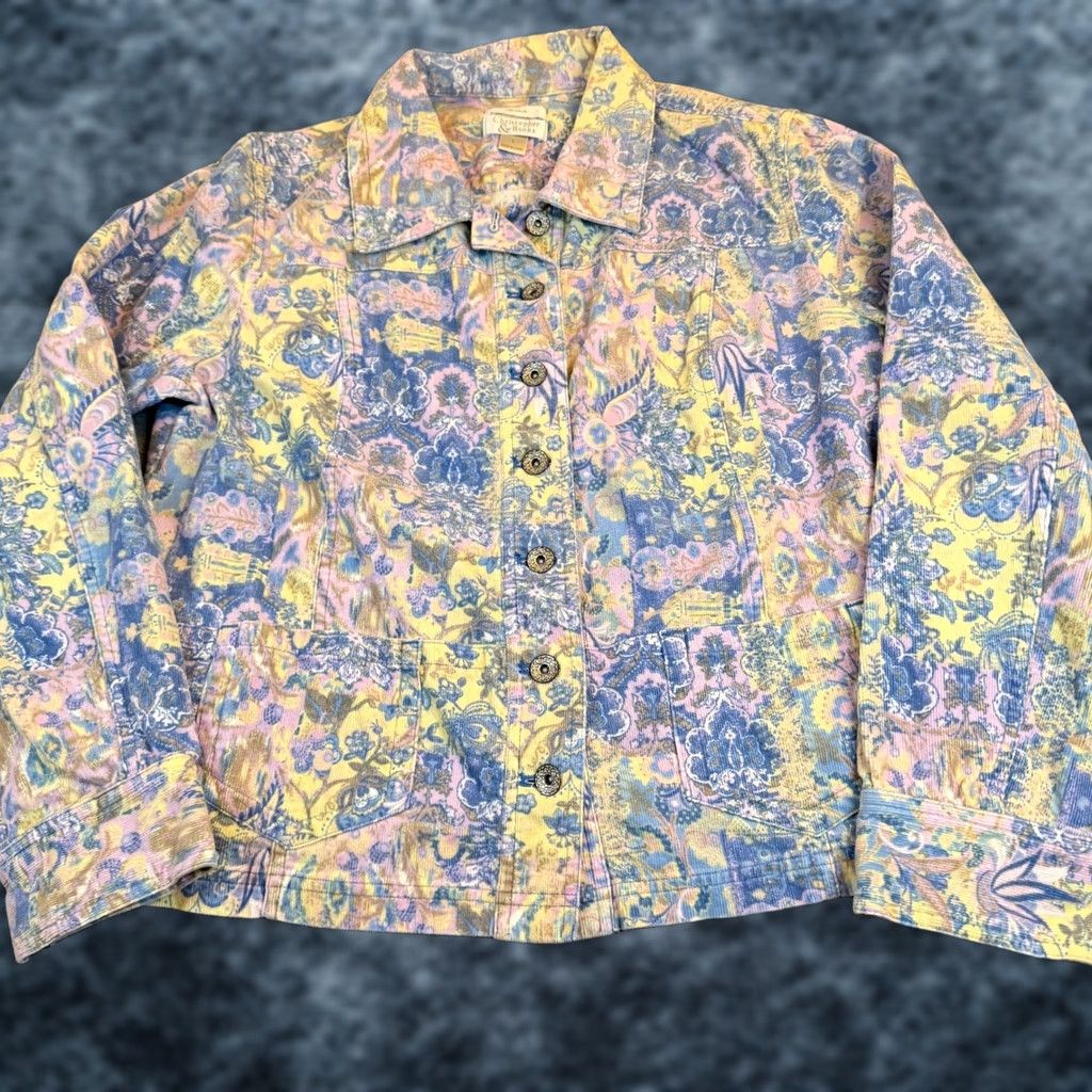 Vintage Christopher & Banks Jacket Womens Large Blue Yellow Paisley Corduroy Stretch Button Front Collared Pockets Short Length Size L / US 10 / IT 46 - 1 Thumbnail