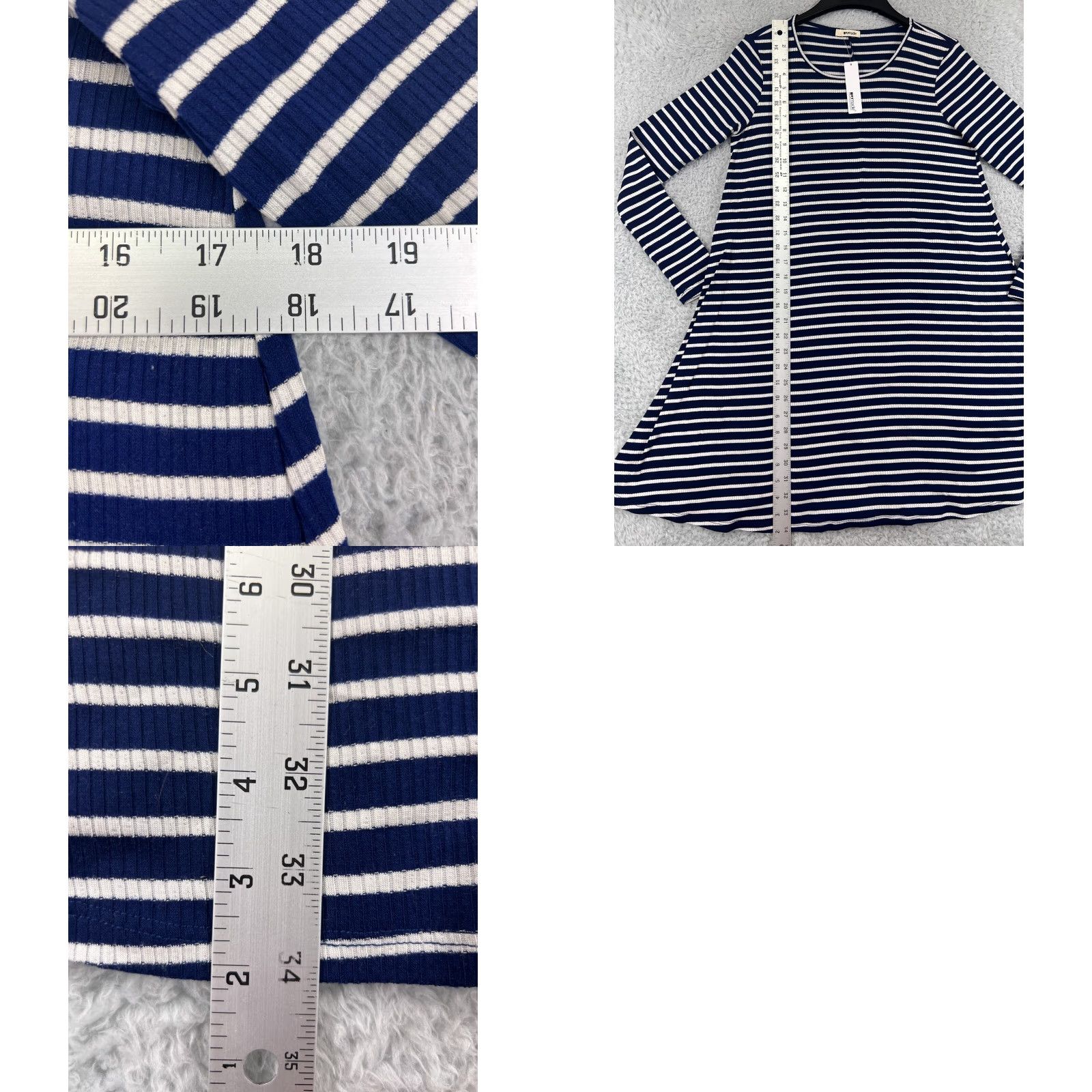 Vintage LA made Dress Womens M Blue White Striped Long Sleeve Round Neck Pullover Knit Polyester Mini Vintage No Size M / US 6-8 / IT 42-44 - 9 Thumbnail