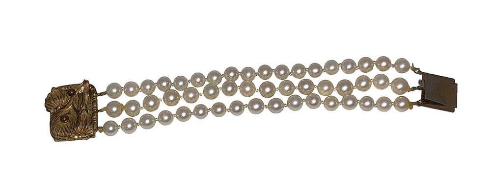 Designer Art Nouveau Brass Floral Cultured Pearl Bracelet Size ONE SIZE - 2 Thumbnail