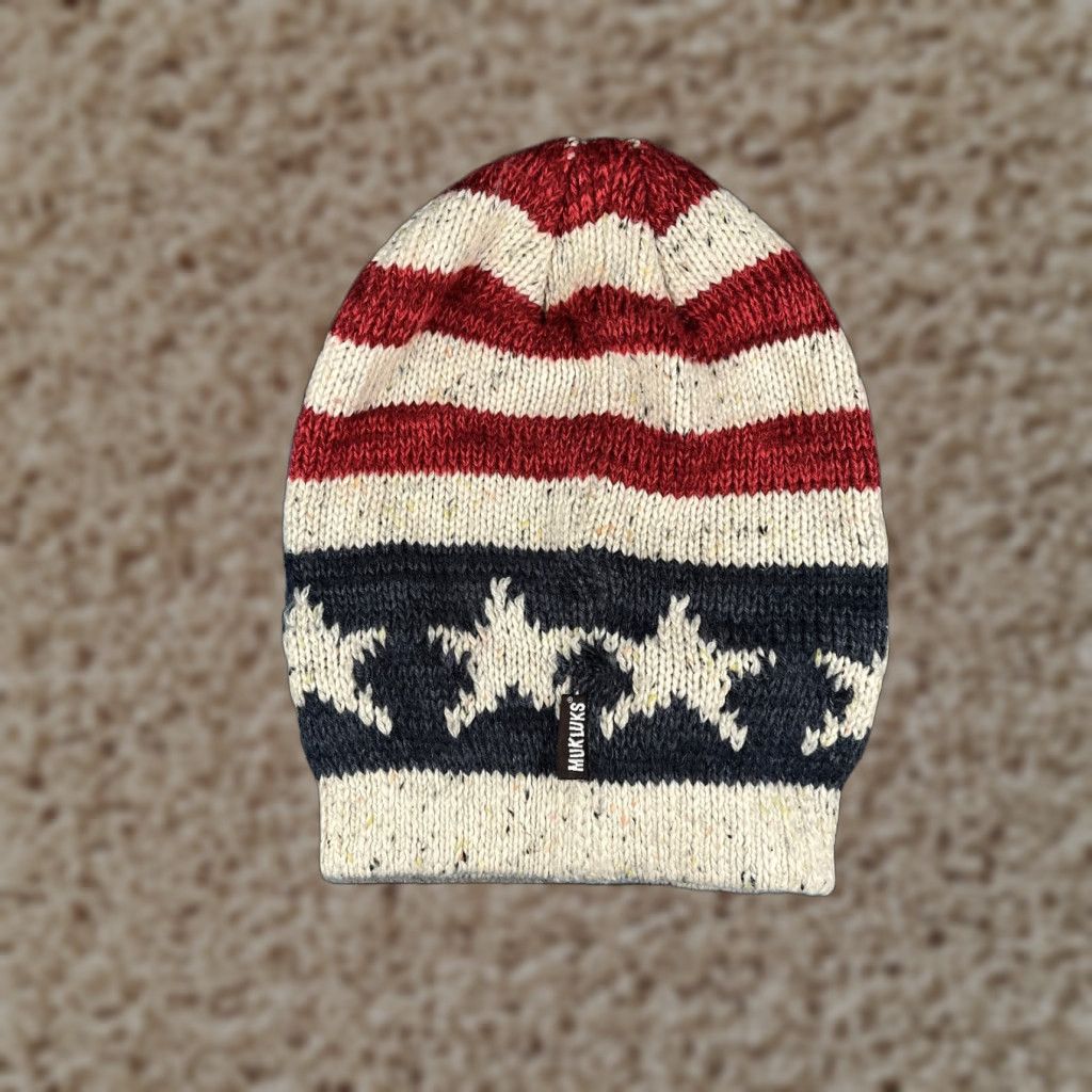 Vintage USA Flag Mukluks Beanie Women Blue Red White Stripe Confetti Knit 100% Acrylic Woman Winter Hat USA Flag Beanie Womens Blue Size ONE SIZE - 1 Thumbnail